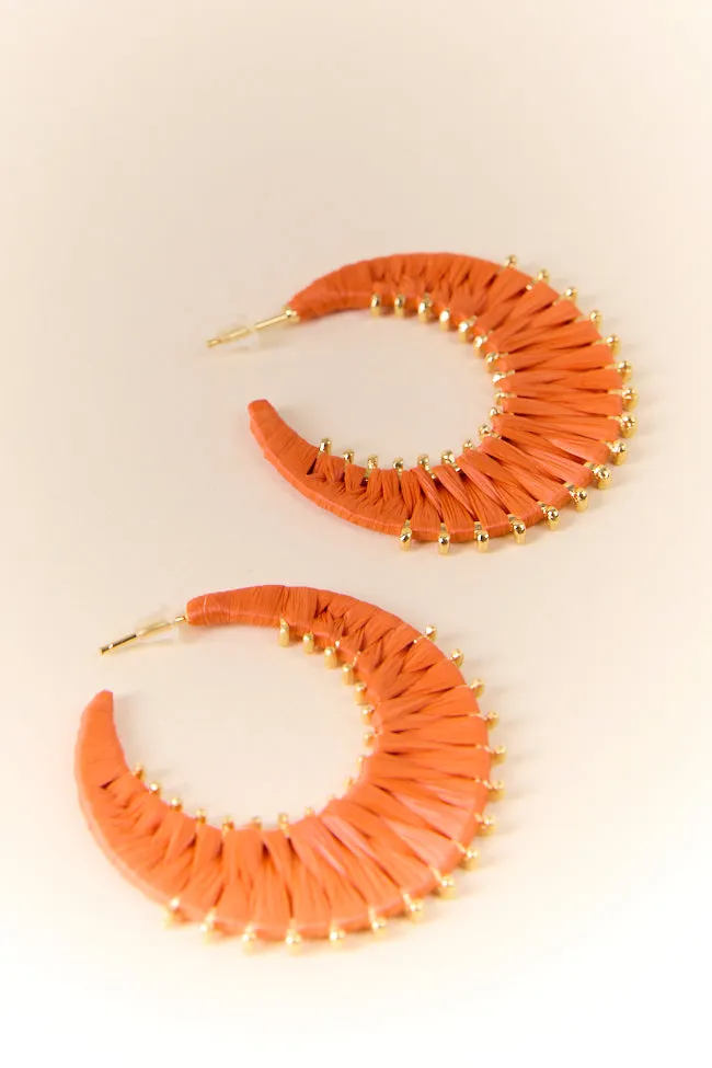 Orange Raffia Wrapped Hoop Earrings