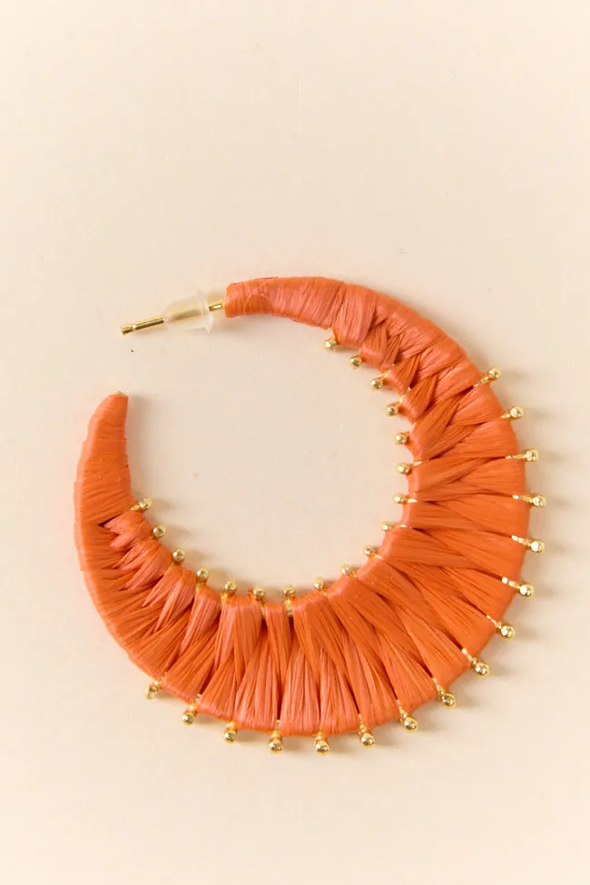 Orange Raffia Wrapped Hoop Earrings