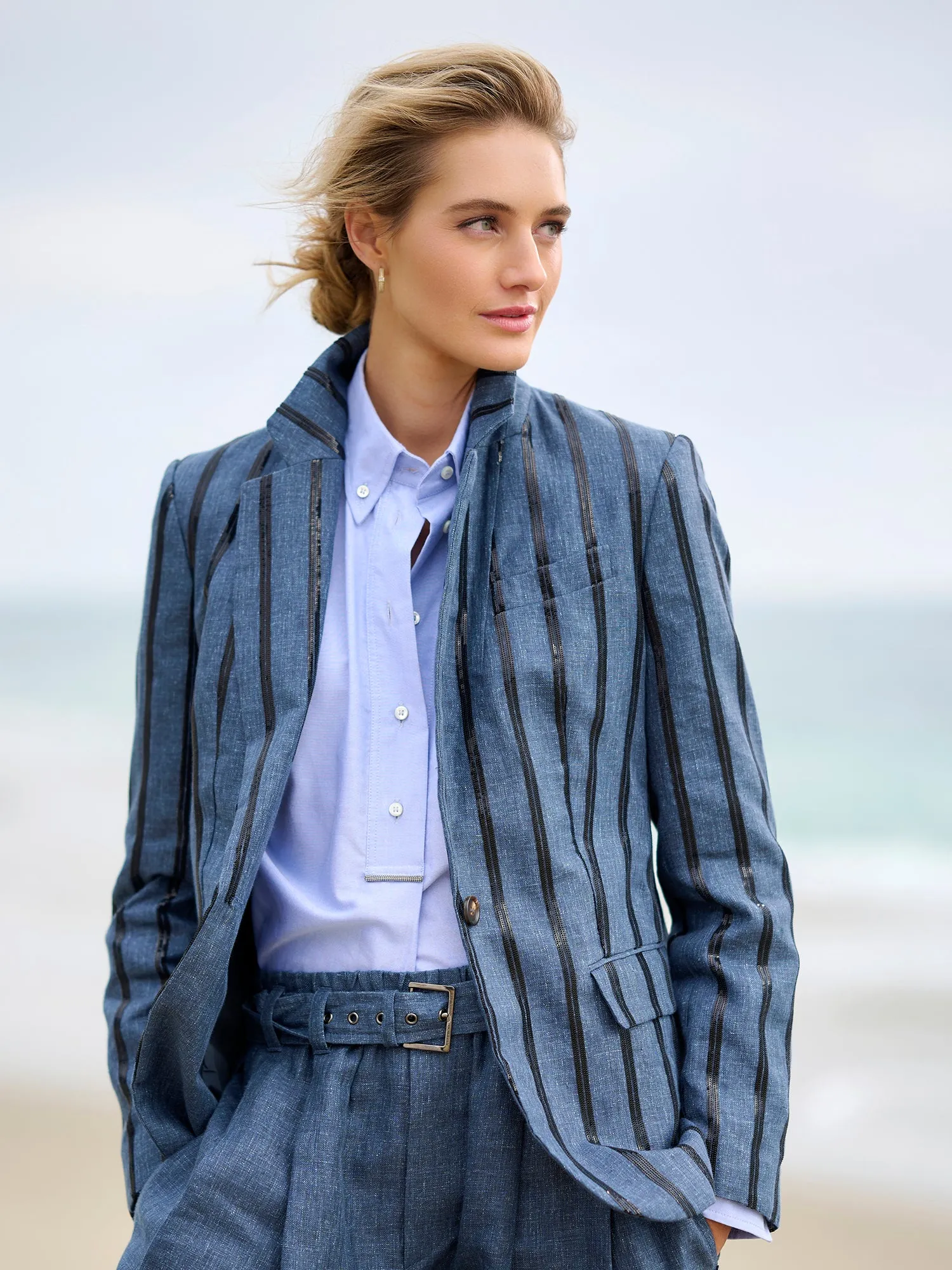 Paillette Stripe Linen Blazer