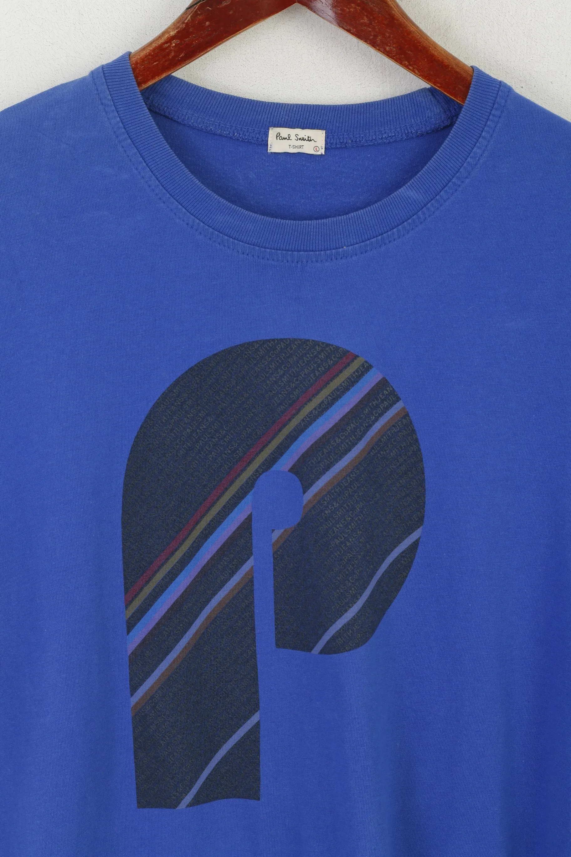 Paul Smith Men L (M) Shirt Blue Cotton Graphic Logo Vintage Crew Neck Top