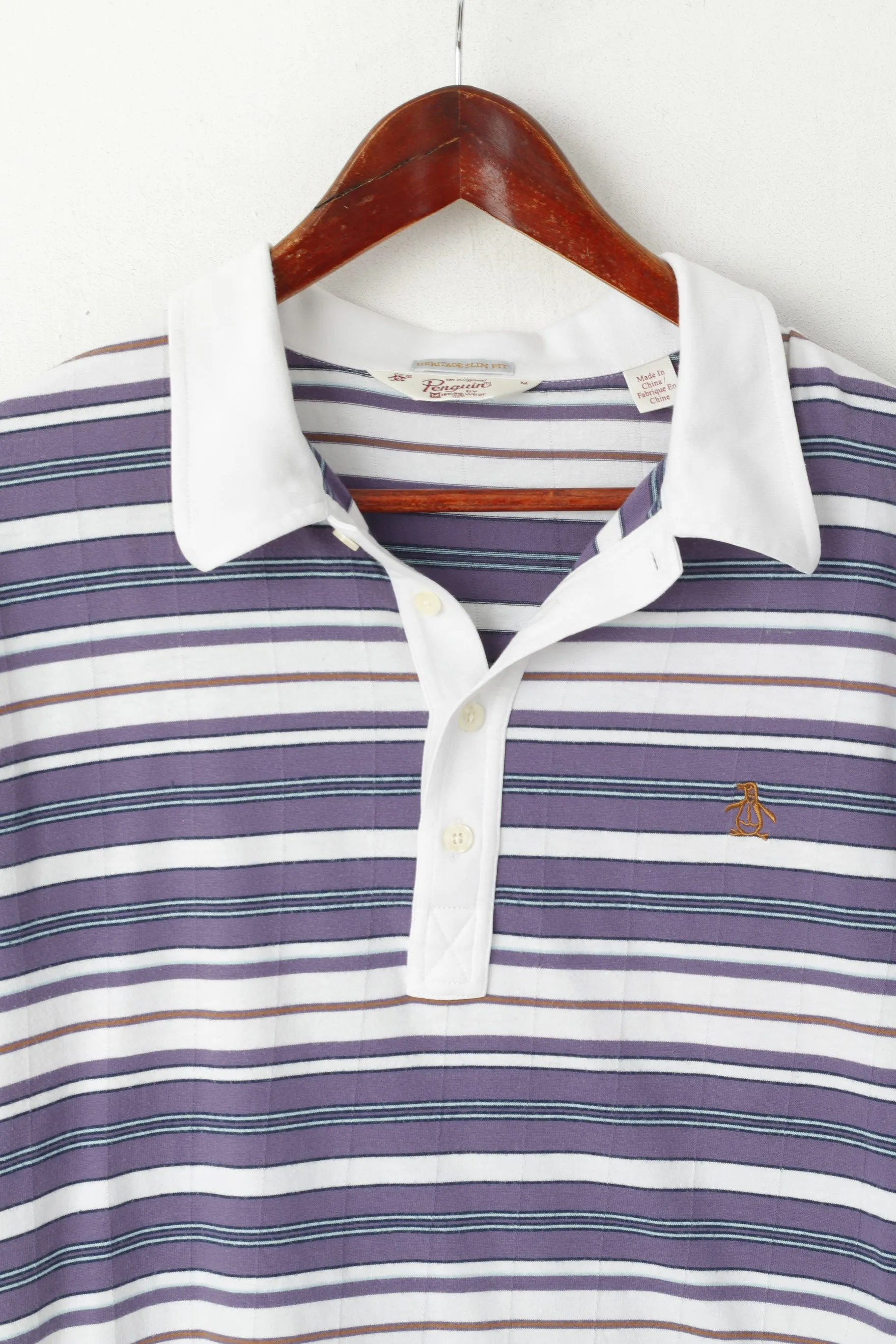 Penguin Men M Polo Shirt Violet Cotton Striped Purple Heritage Slim Fit Top