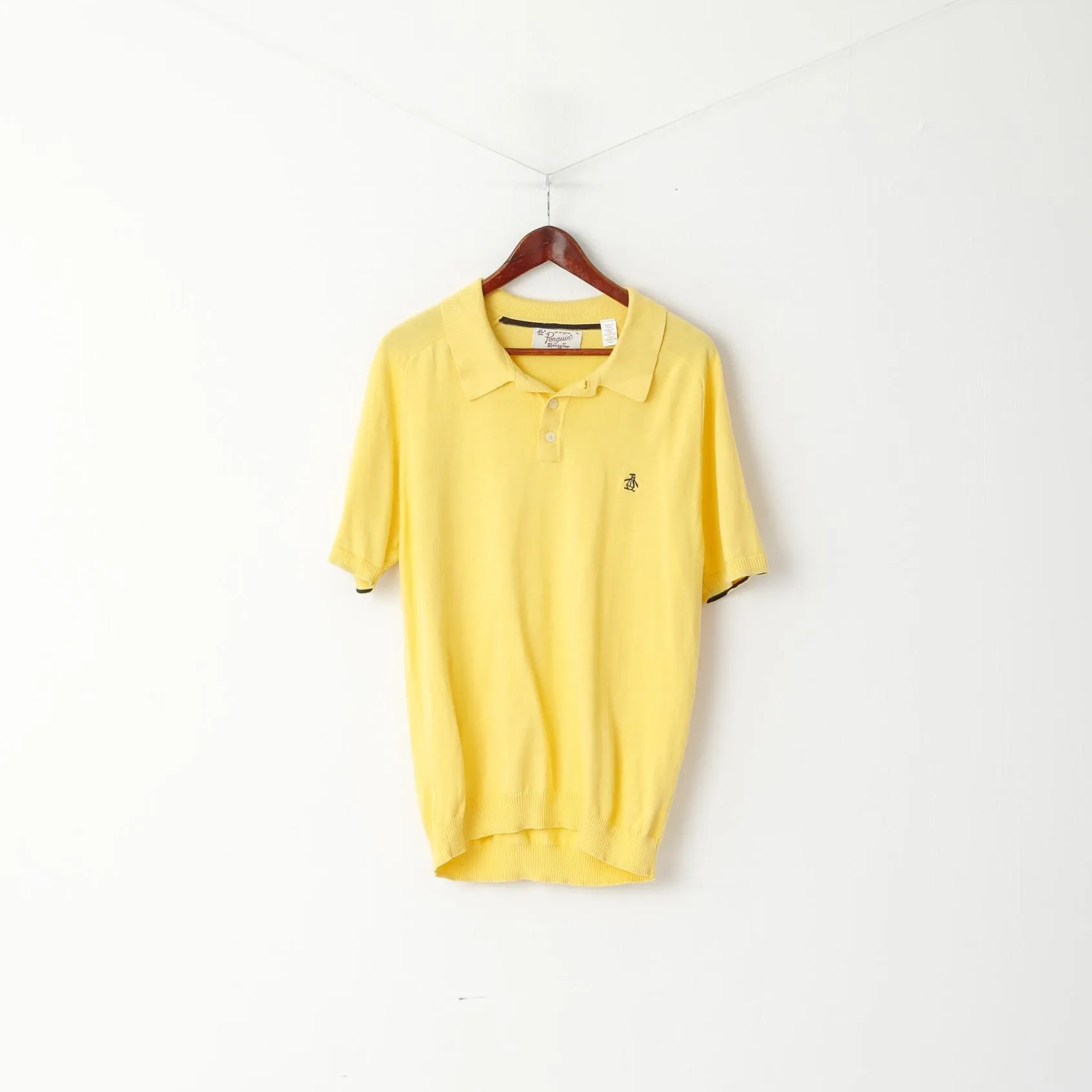 Penguin Men XL Polo Shirt Yellow Jumper Cotton Button Neck Stretch Top