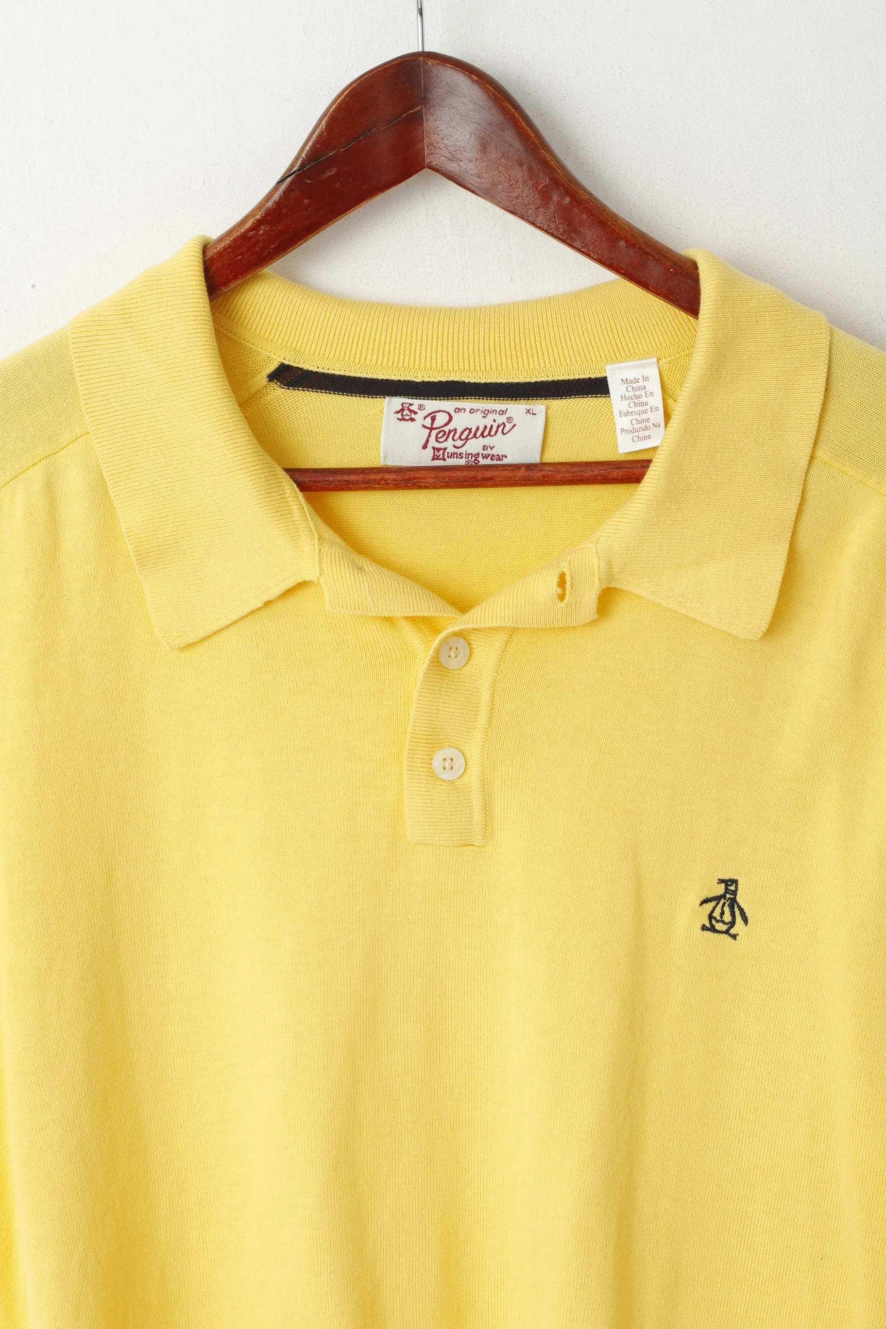 Penguin Men XL Polo Shirt Yellow Jumper Cotton Button Neck Stretch Top