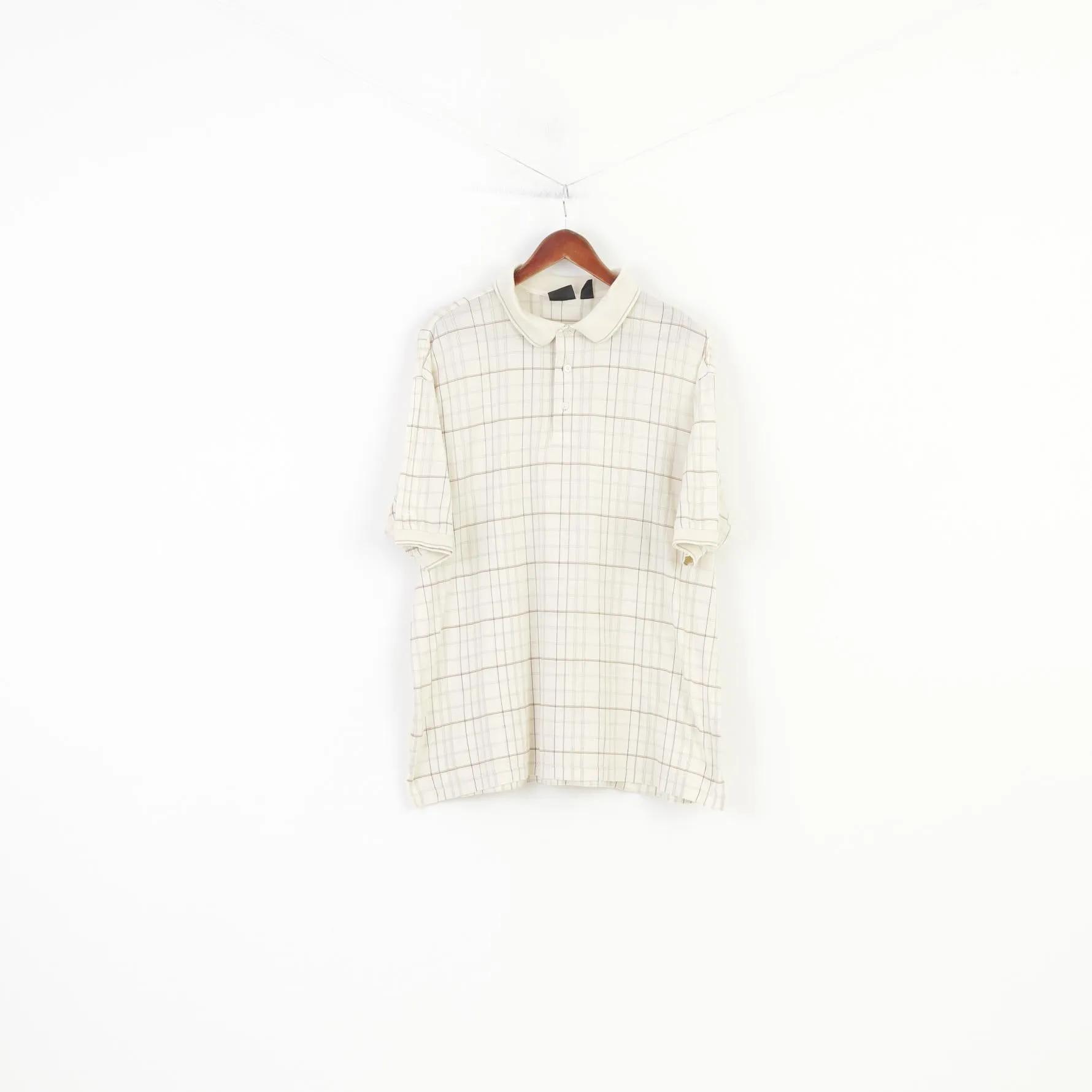 Ping Men L Polo Shirt Short Sleeve Cotton Checkered Cream Collar Vintage Top