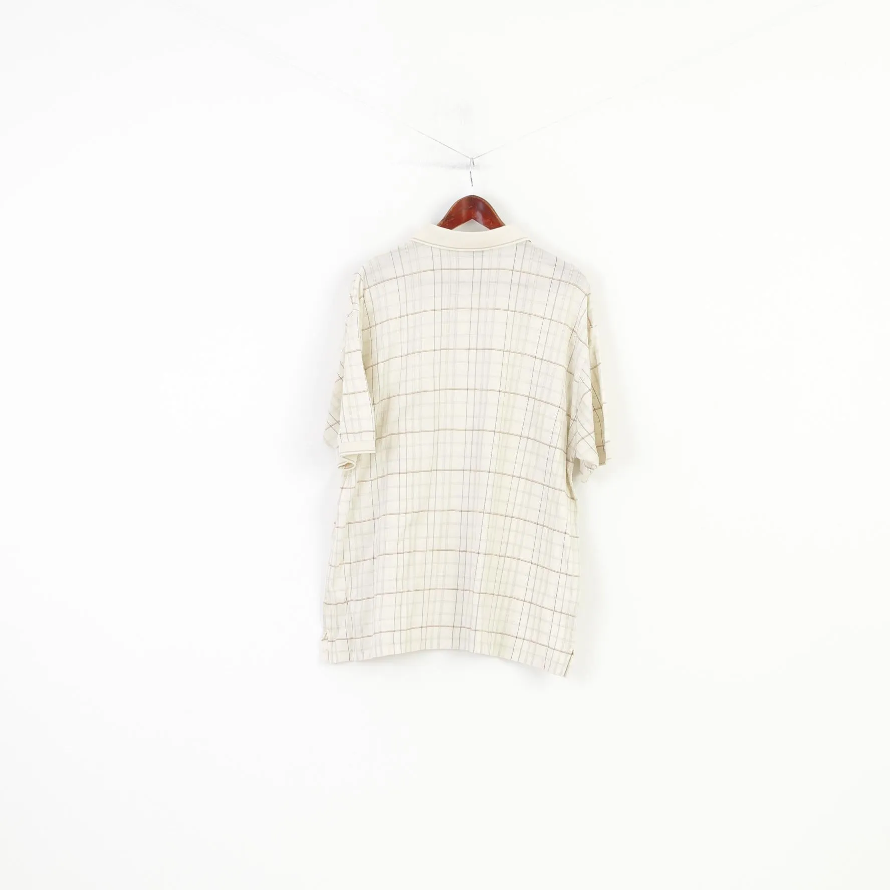 Ping Men L Polo Shirt Short Sleeve Cotton Checkered Cream Collar Vintage Top