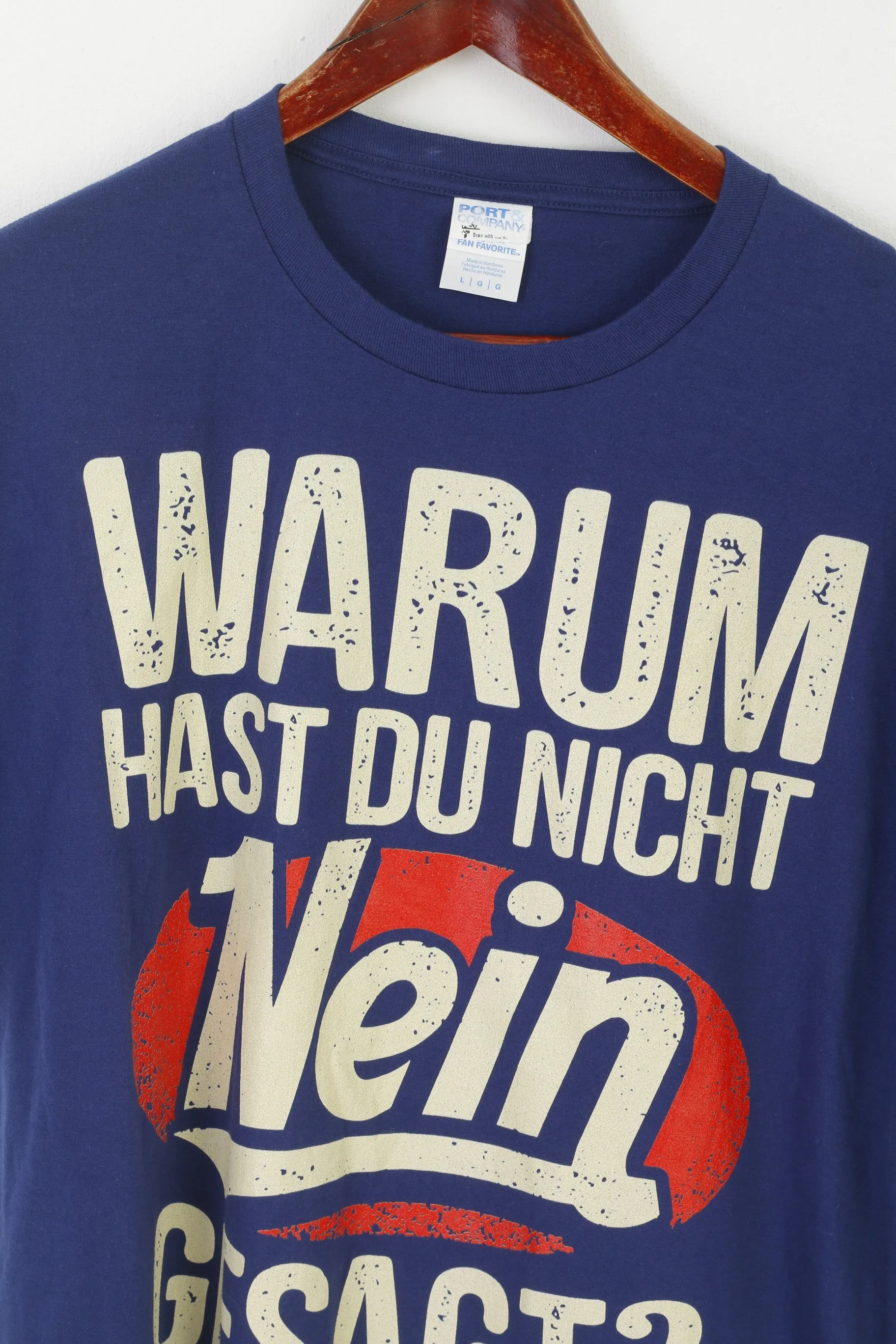 Port & Company Men L Shirt Navy Cotton Graphic Warum Hast Du Nein Gesagt Top
