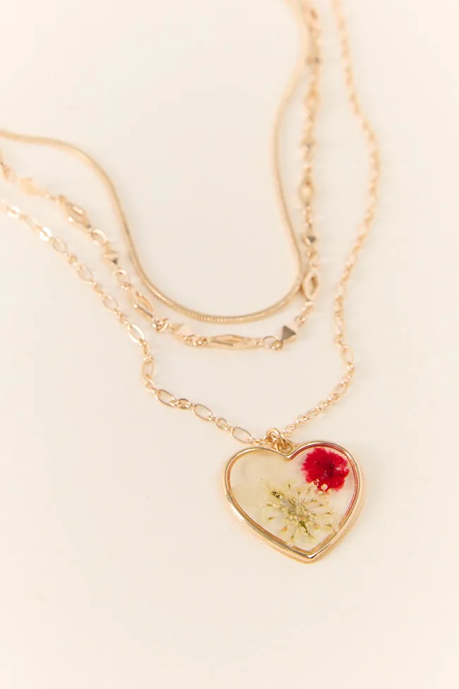 Pressed Floral Red Heart Necklace