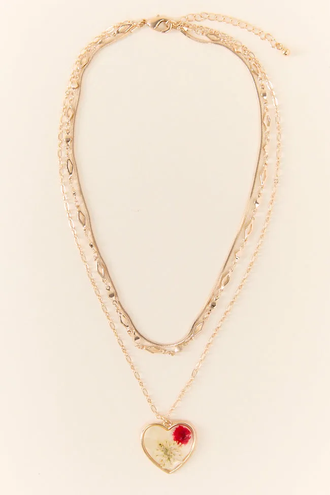 Pressed Floral Red Heart Necklace