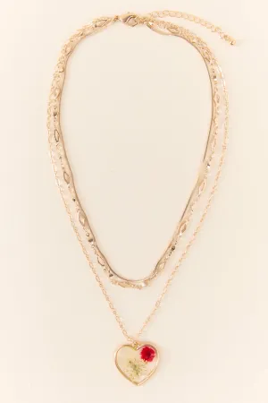 Pressed Floral Red Heart Necklace