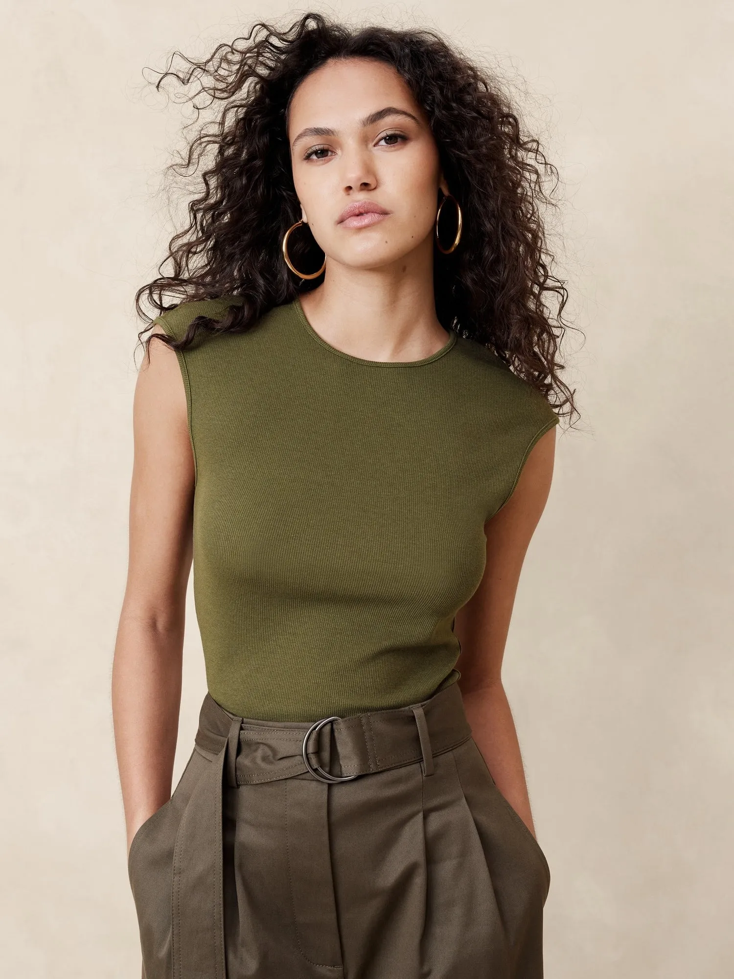 Ribbed Cap-Sleeve T-Shirt Banana Republic