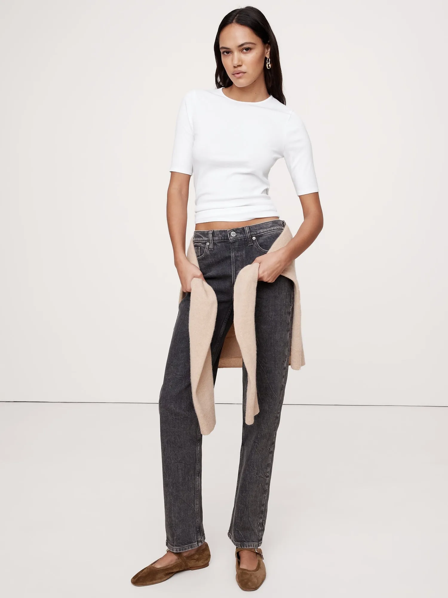Ribbed Elbow-Sleeve T-Shirt Banana Republic