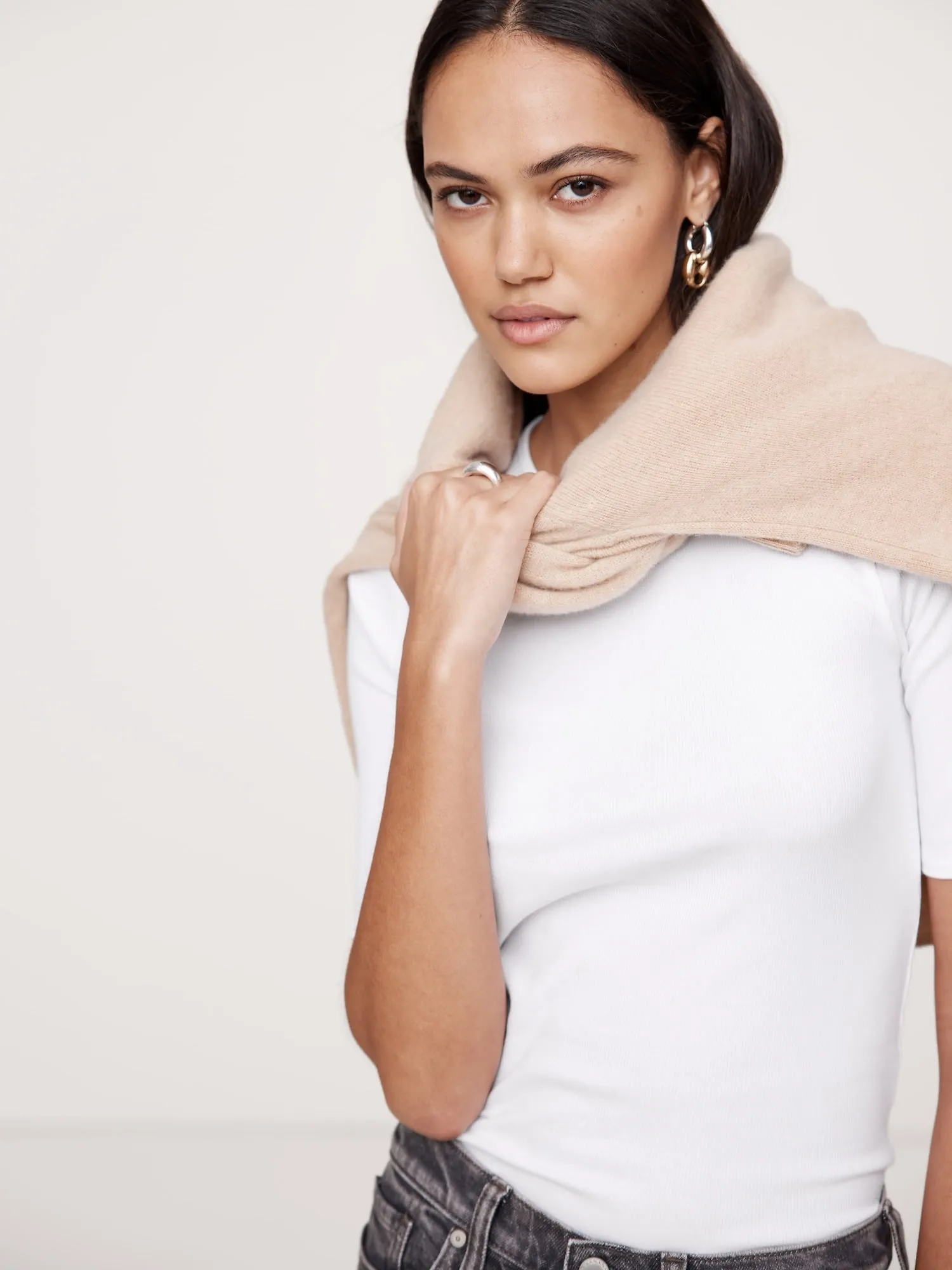 Ribbed Elbow-Sleeve T-Shirt Banana Republic
