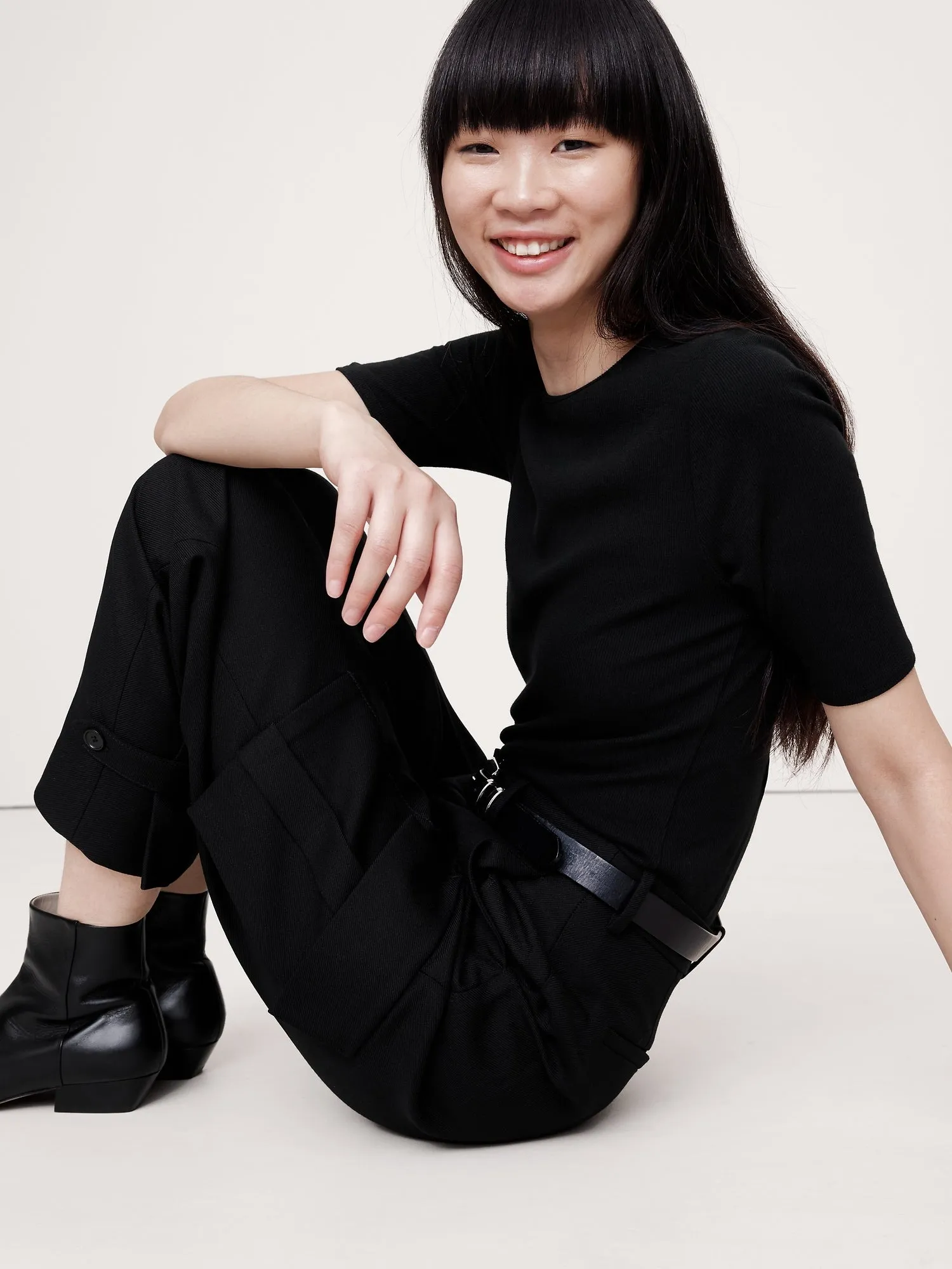 Ribbed Elbow-Sleeve T-Shirt Banana Republic