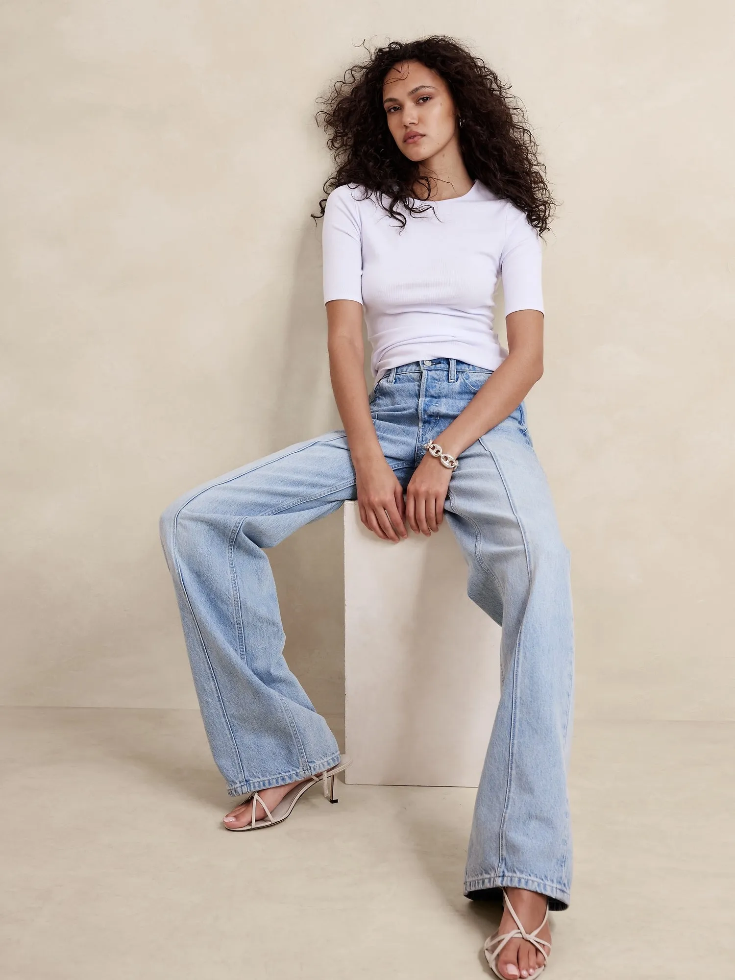 Ribbed Elbow-Sleeve T-Shirt Banana Republic