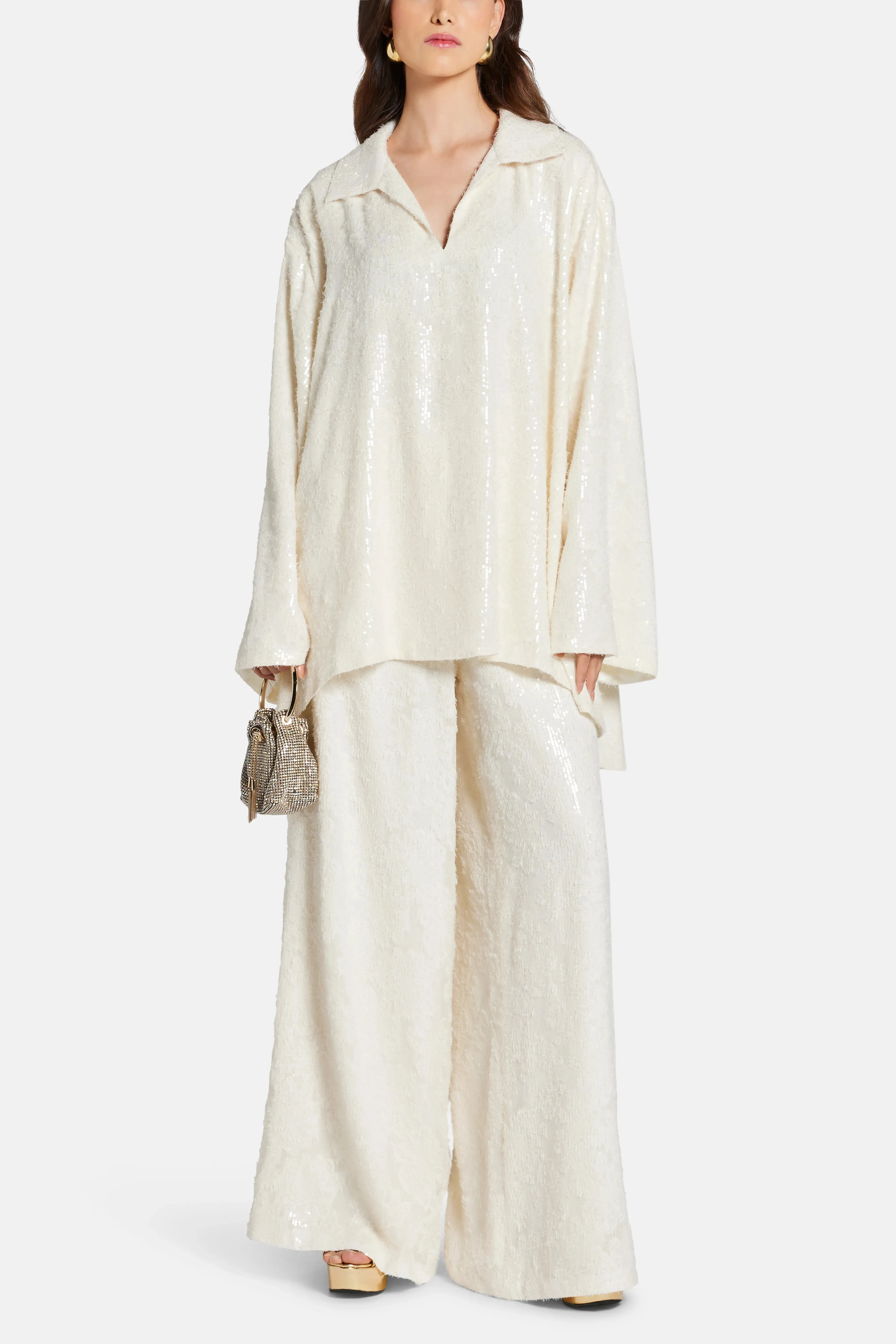Sequin Wide Leg High Waist Trousers in White