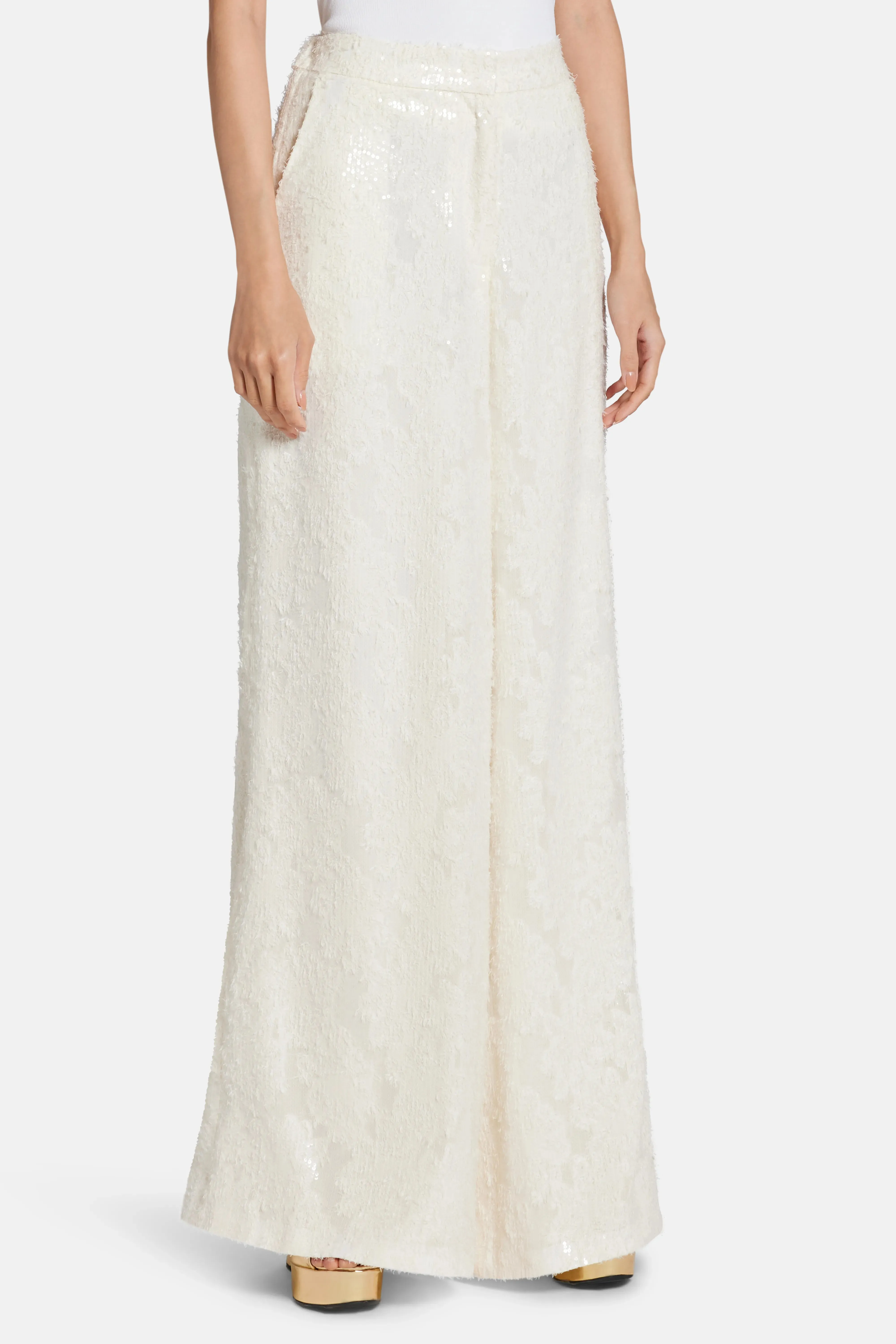 Sequin Wide Leg High Waist Trousers in White