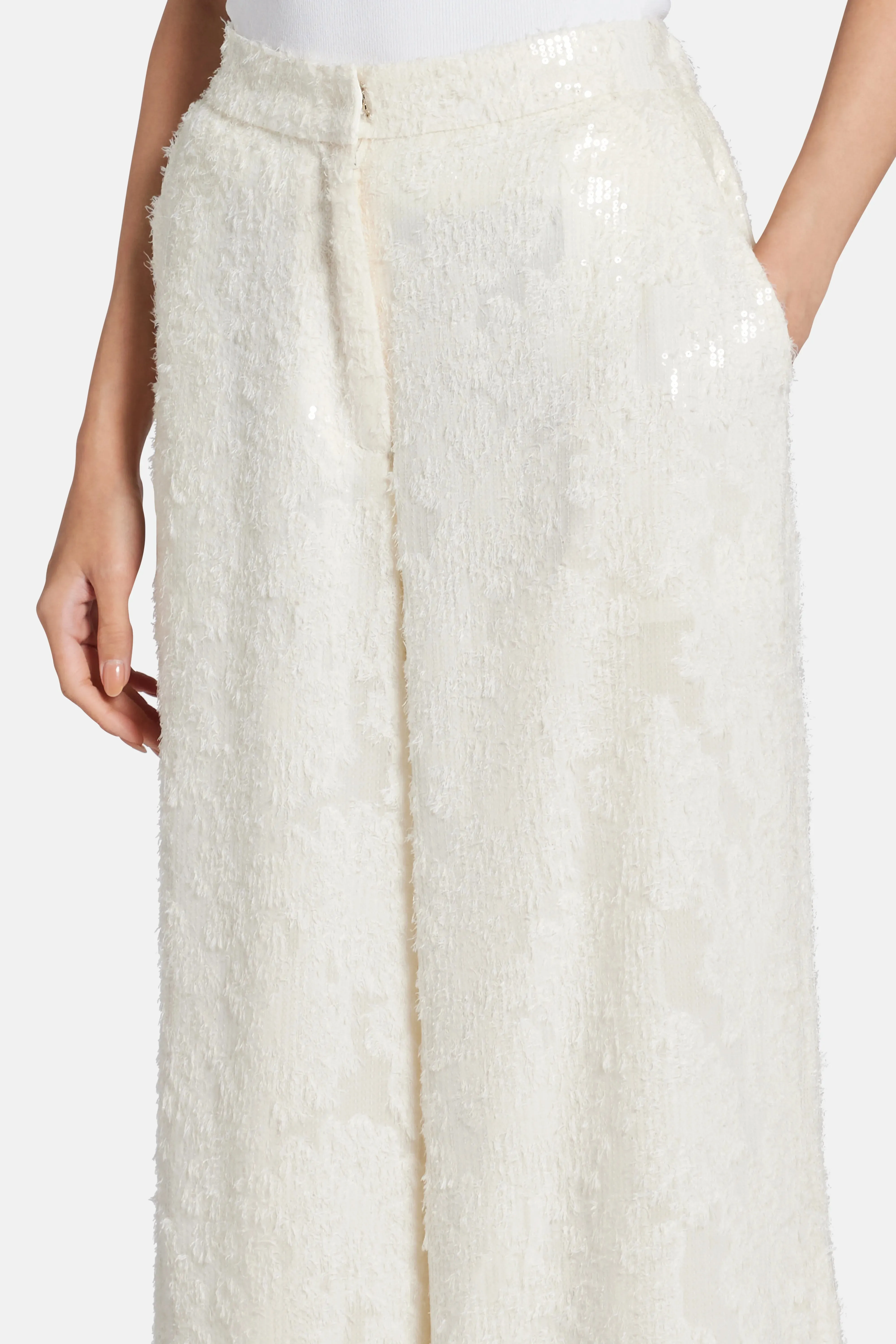 Sequin Wide Leg High Waist Trousers in White