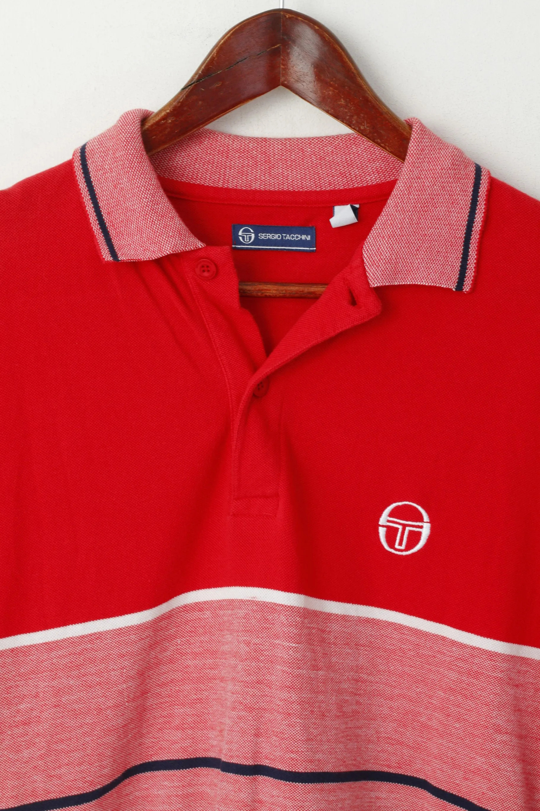 Sergio Tacchini Men L (M) Polo Shirt Red Cotton Striped Detailed Buttons Top
