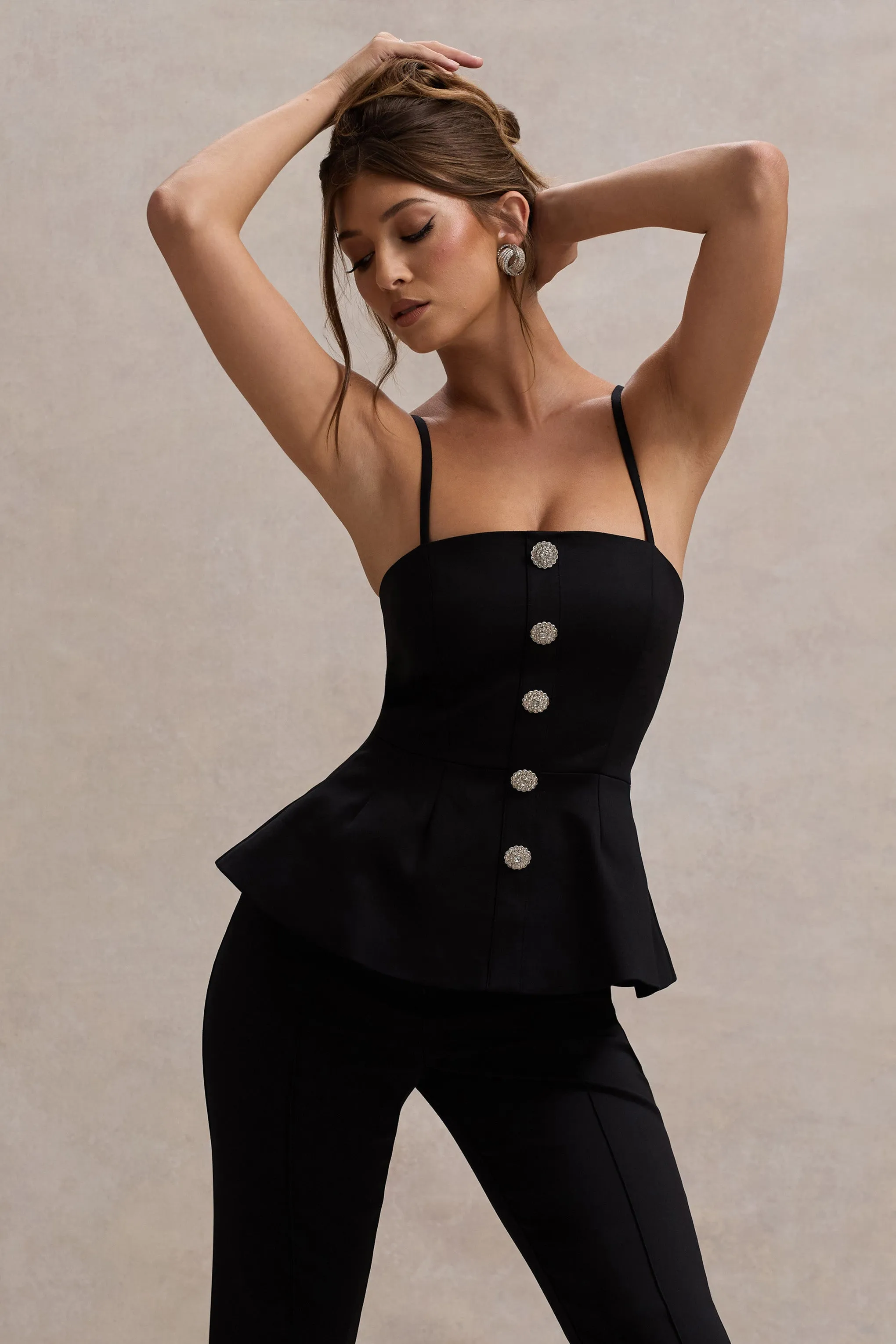 Skyla | Black Strappy Top With Buttons Club L London