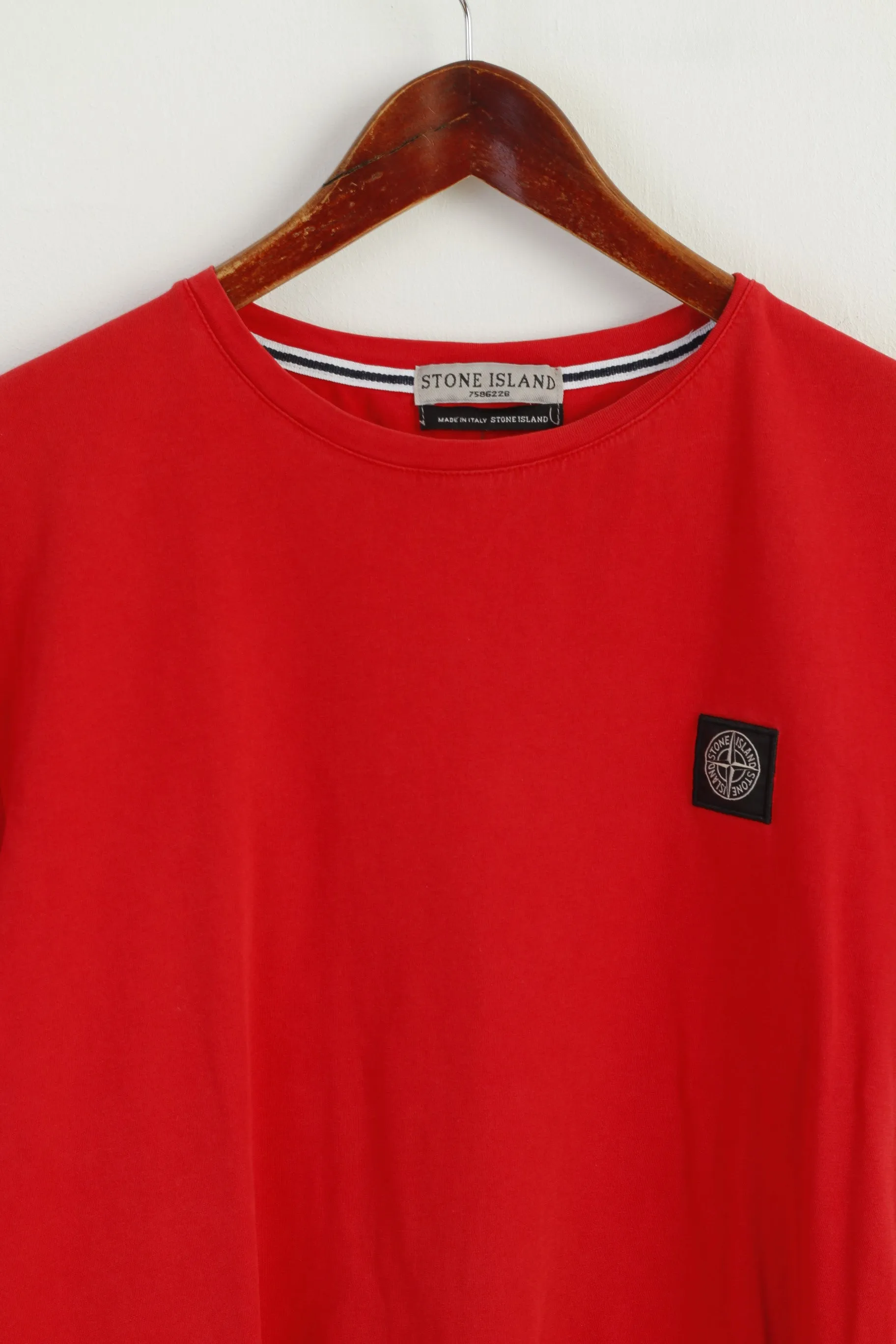 Stone Island Men L (M) Shirt Red Cotton Made in Italy Vintage Classic Crew Neck Top