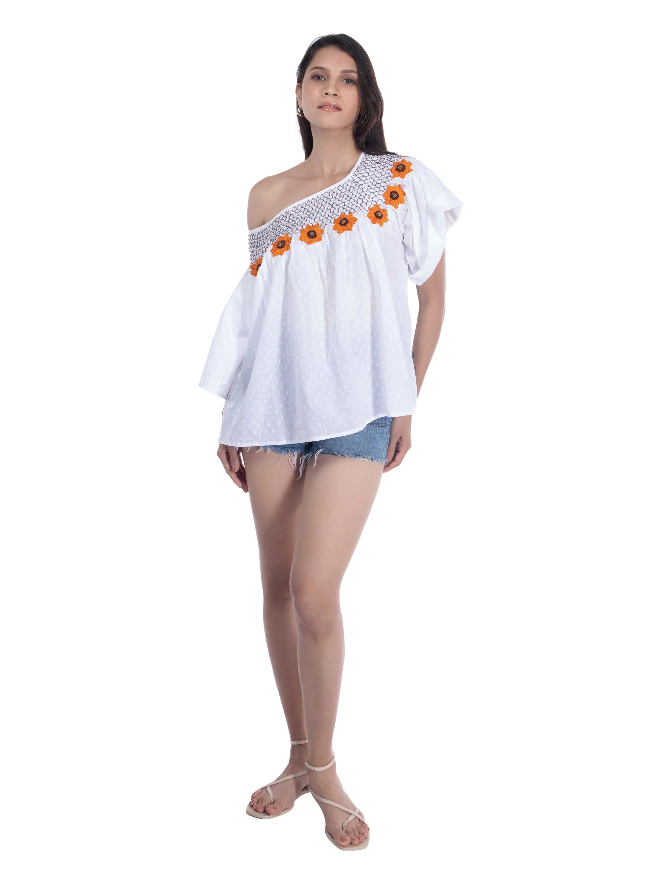 Sunflower Embroidered White Casual Summer Top French Theory