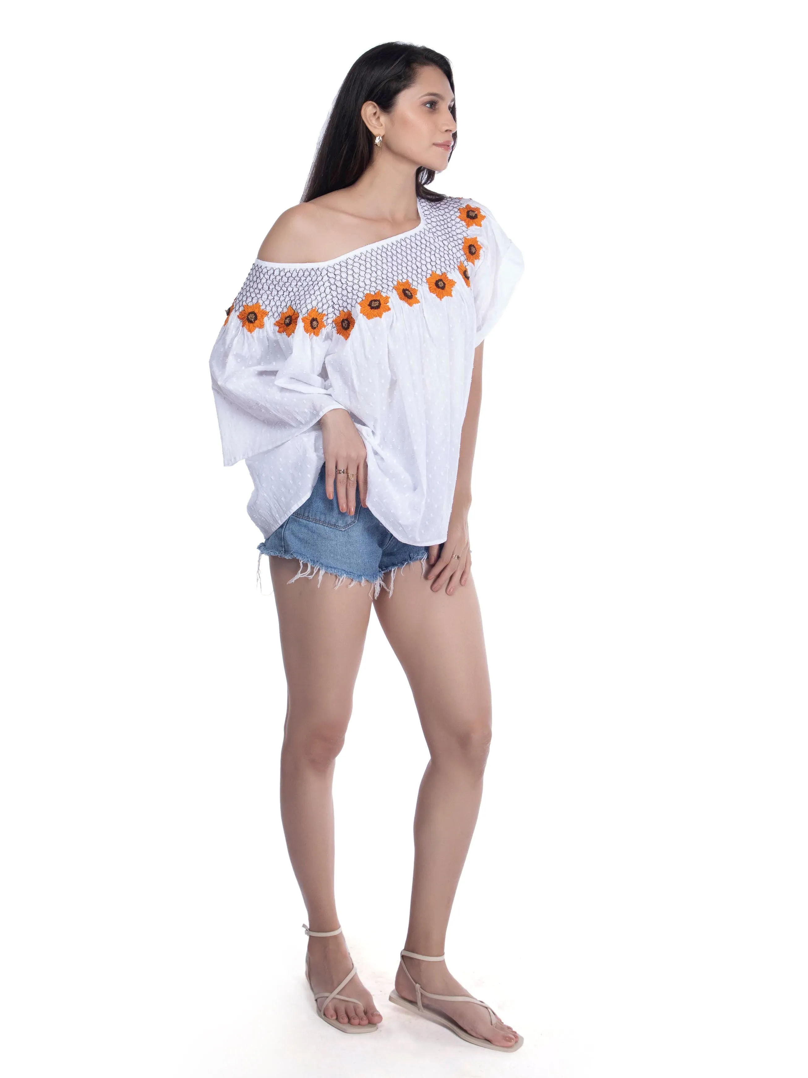 Sunflower Embroidered White Casual Summer Top French Theory