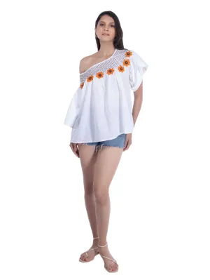 Sunflower Embroidered White Casual Summer Top French Theory