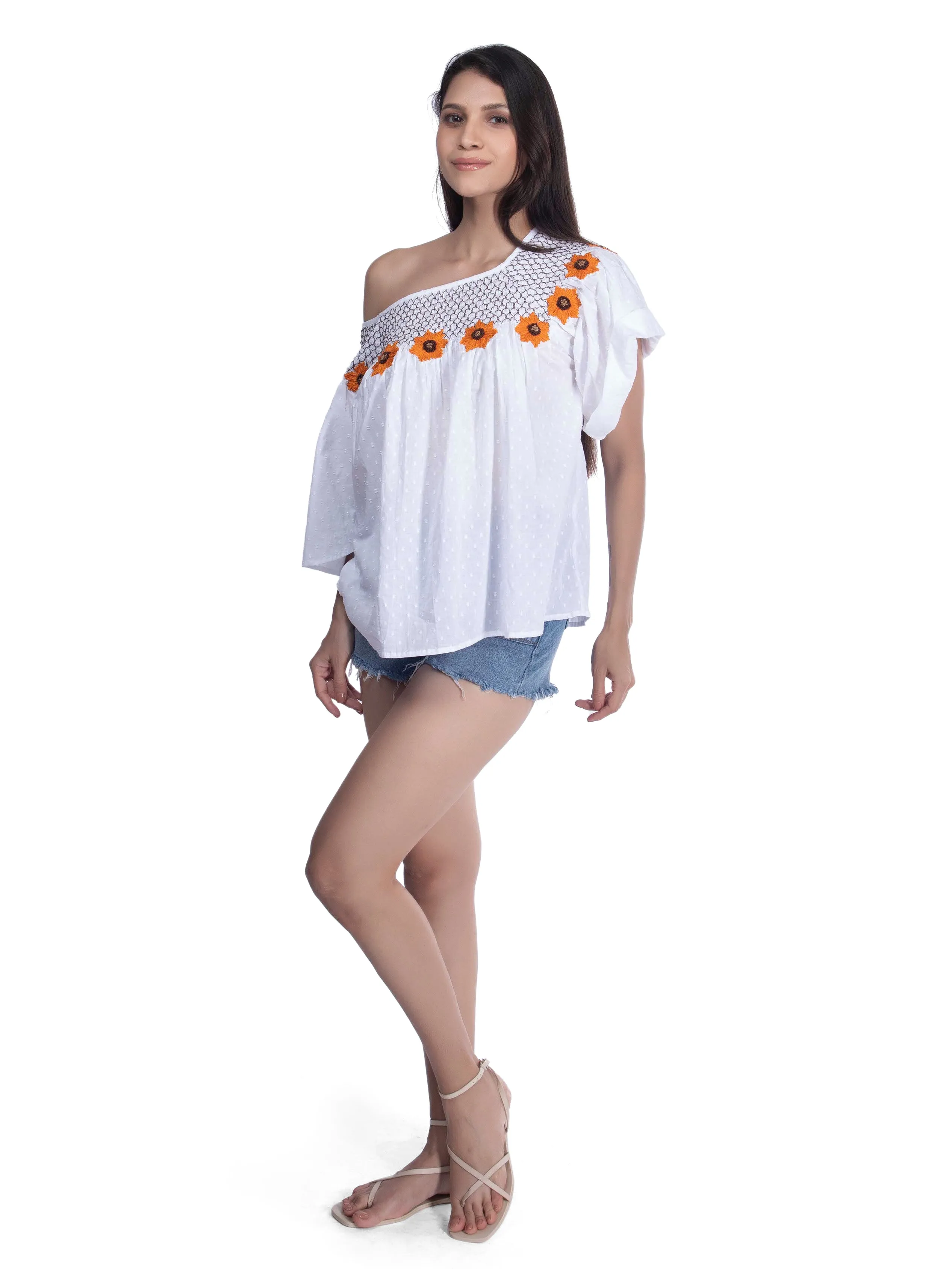 Sunflower Embroidered White Casual Summer Top French Theory