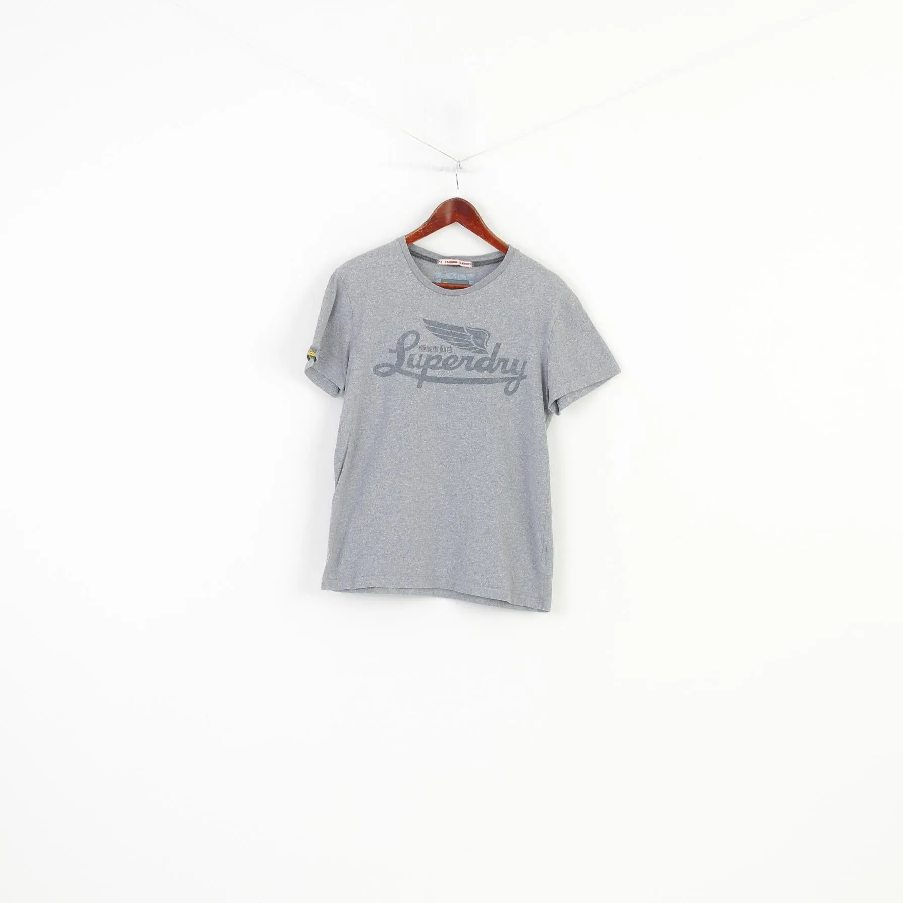 Superdry Men L T-Shirt Grey Short Sleeve Training Classics Cotton Crew Neck Top