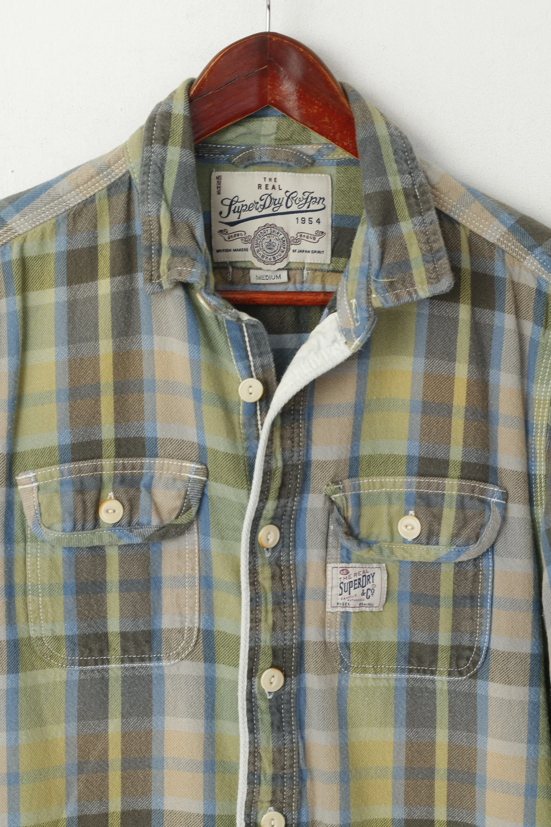 Superdry Men M Casual Shirt Green Checkered Faded Cotton Pocket Long Sleeve Retro Top