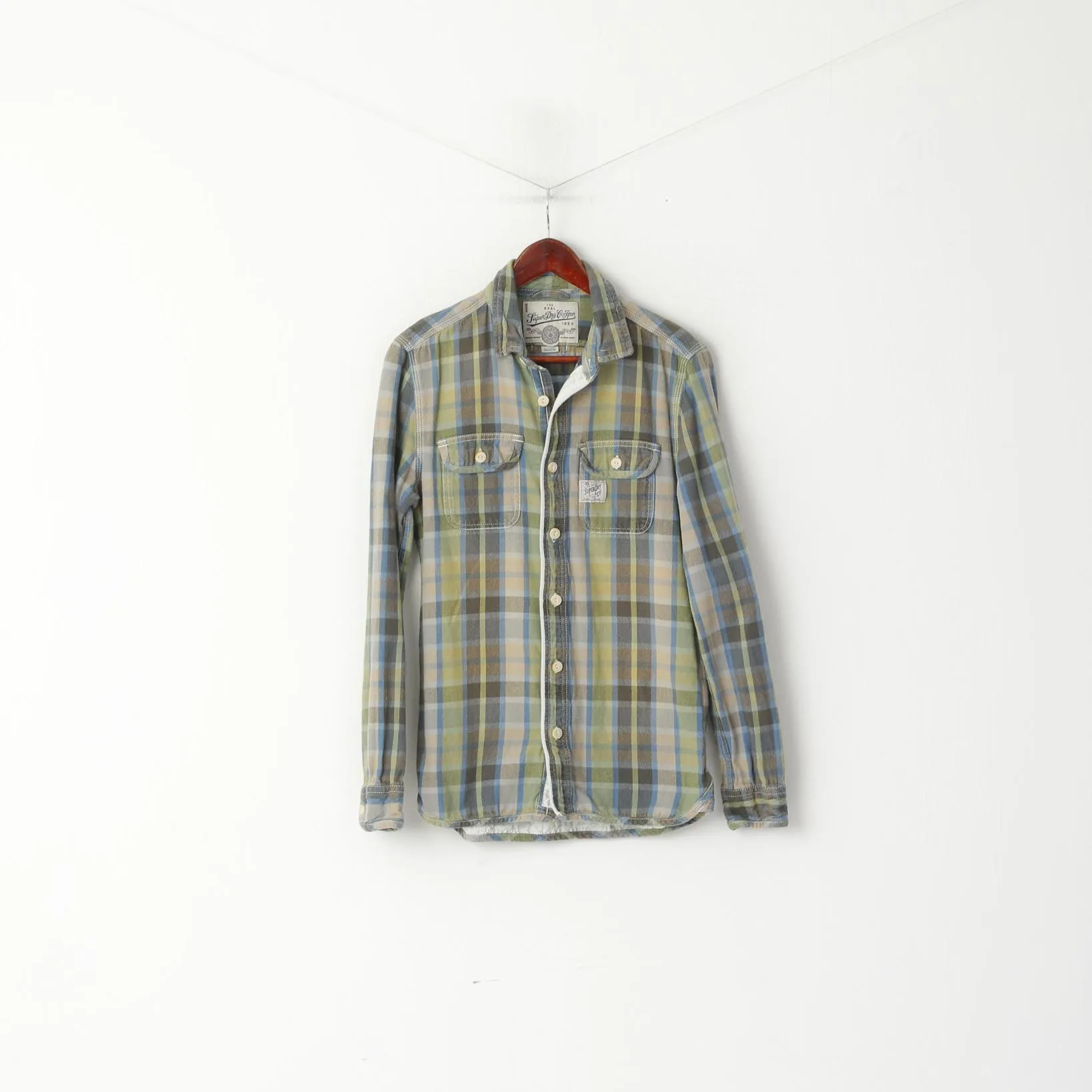 Superdry Men M Casual Shirt Green Checkered Faded Cotton Pocket Long Sleeve Retro Top