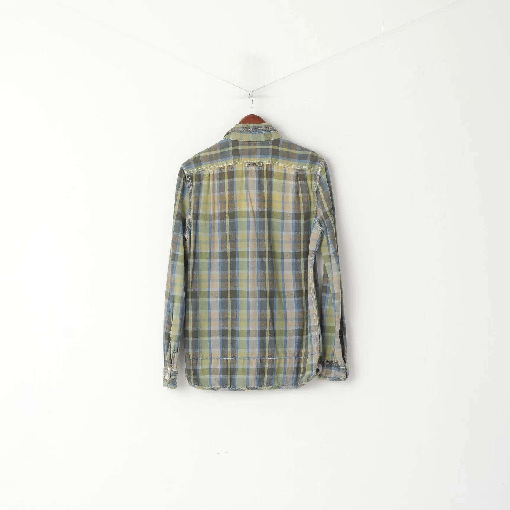 Superdry Men M Casual Shirt Green Checkered Faded Cotton Pocket Long Sleeve Retro Top