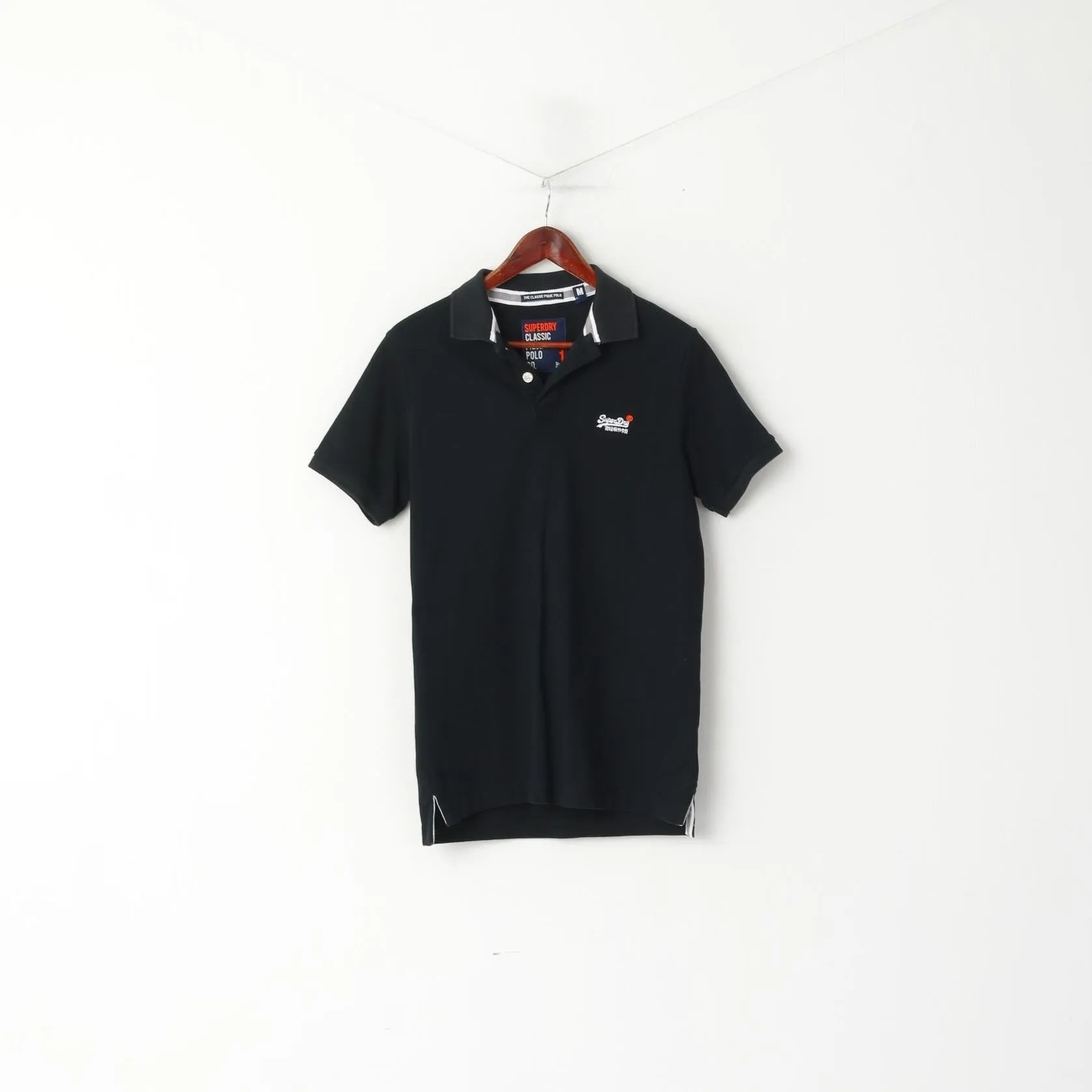 Superdry Men M Polo Shirt Black Classic Pique Detailed BUttons Short Sleeve Top