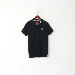 Superdry Men M Polo Shirt Black Classic Pique Detailed BUttons Short Sleeve Top