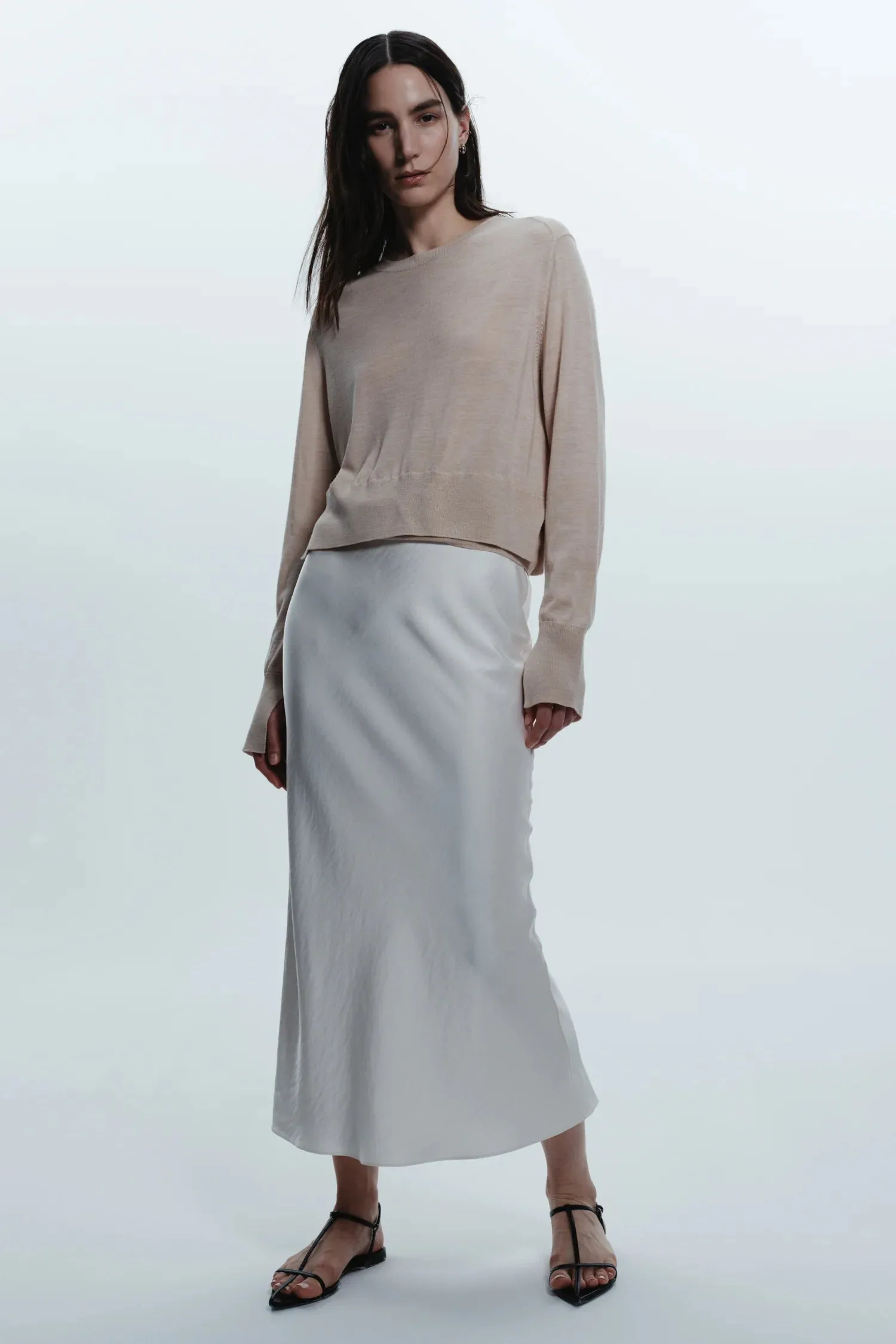 Talia Charmeuse Midi Skirt in Ivory