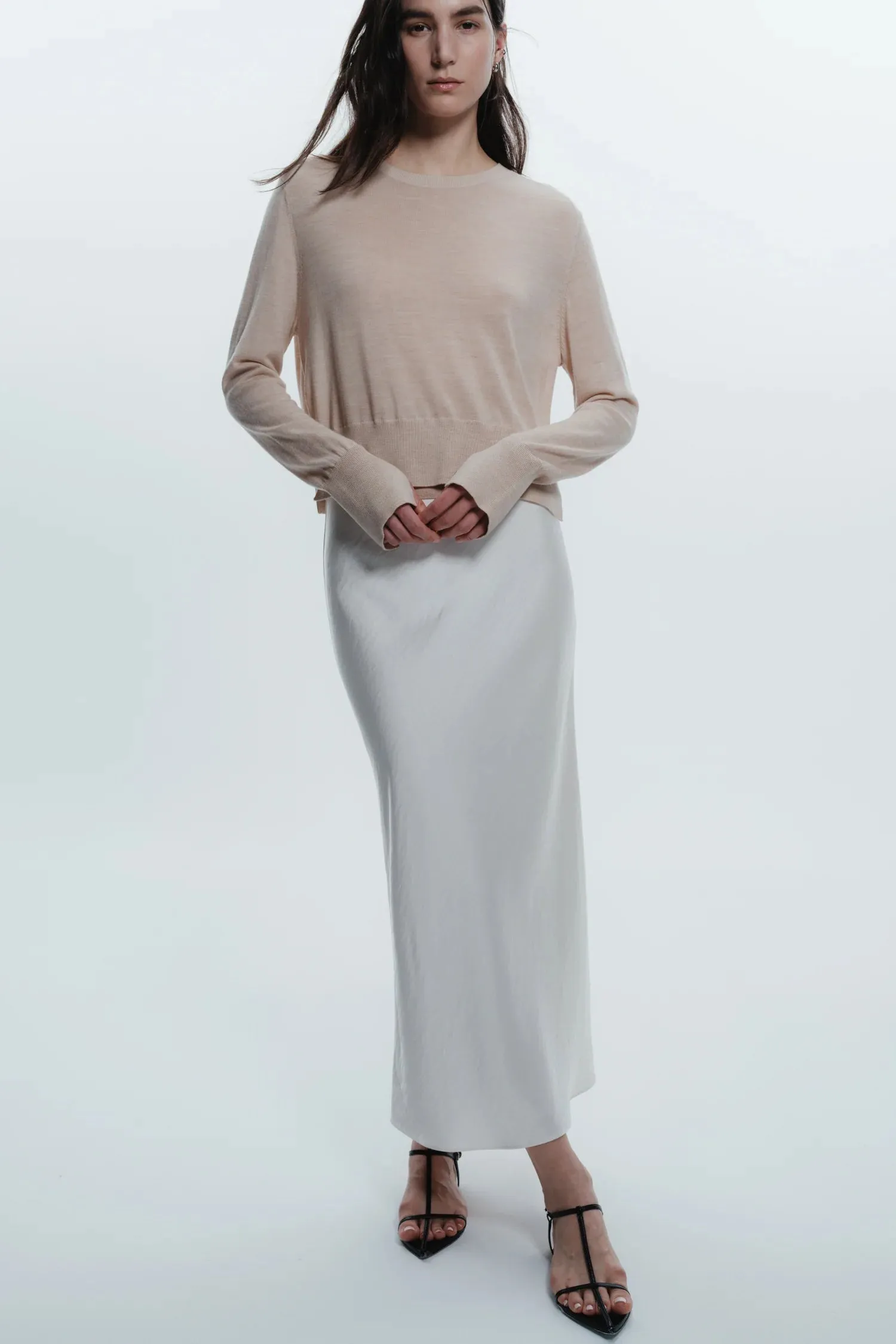Talia Charmeuse Midi Skirt in Ivory