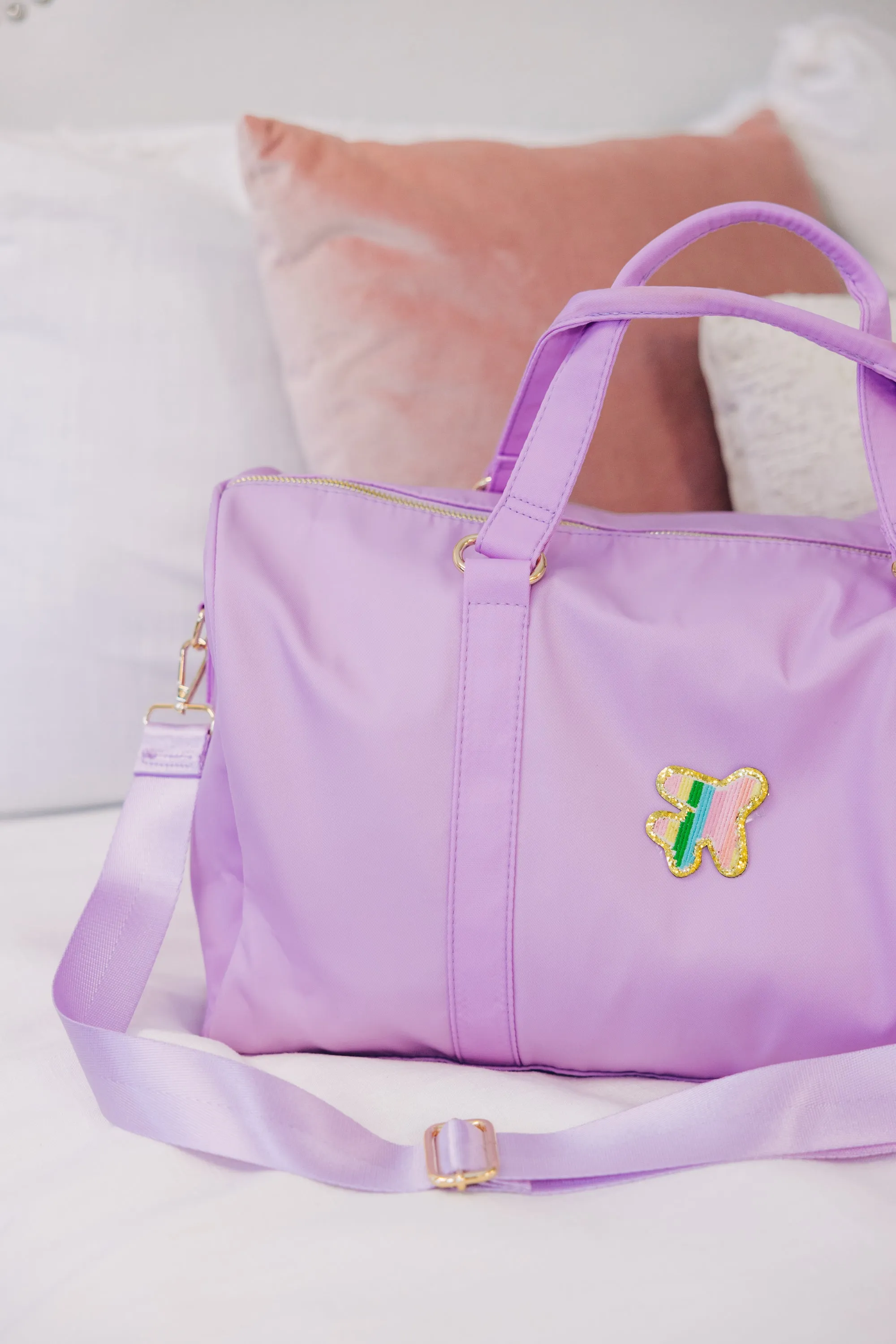 The Getaway Lilac Varsity Duffle Bag