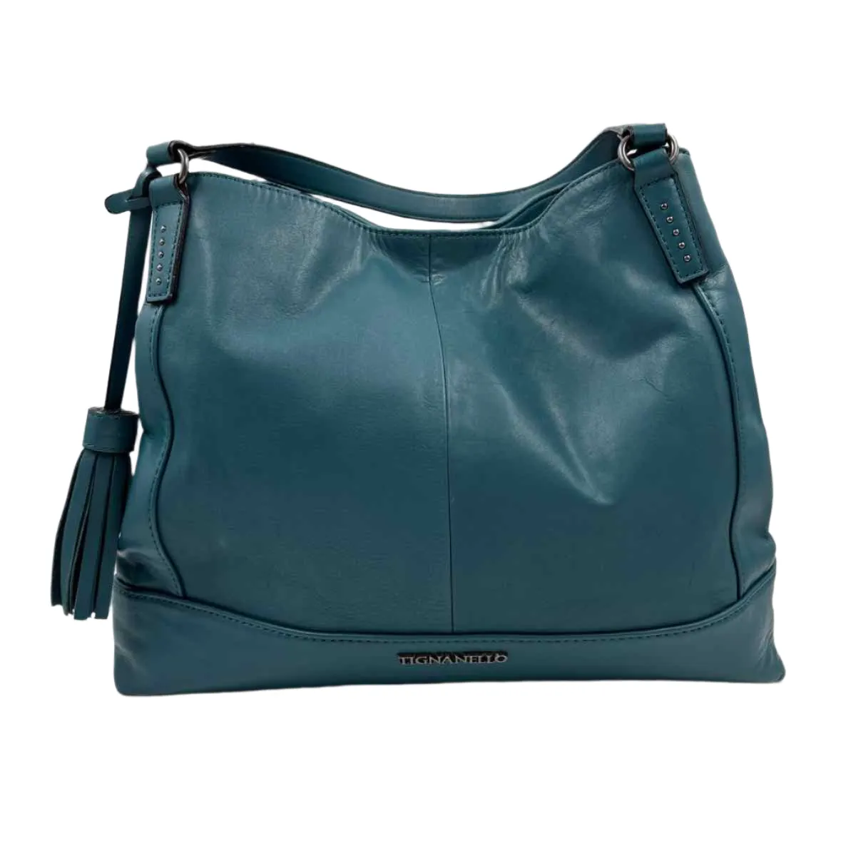 TIGNANELLO Teal Leather 3-Section Shoulder Bag w/Tassel Trim