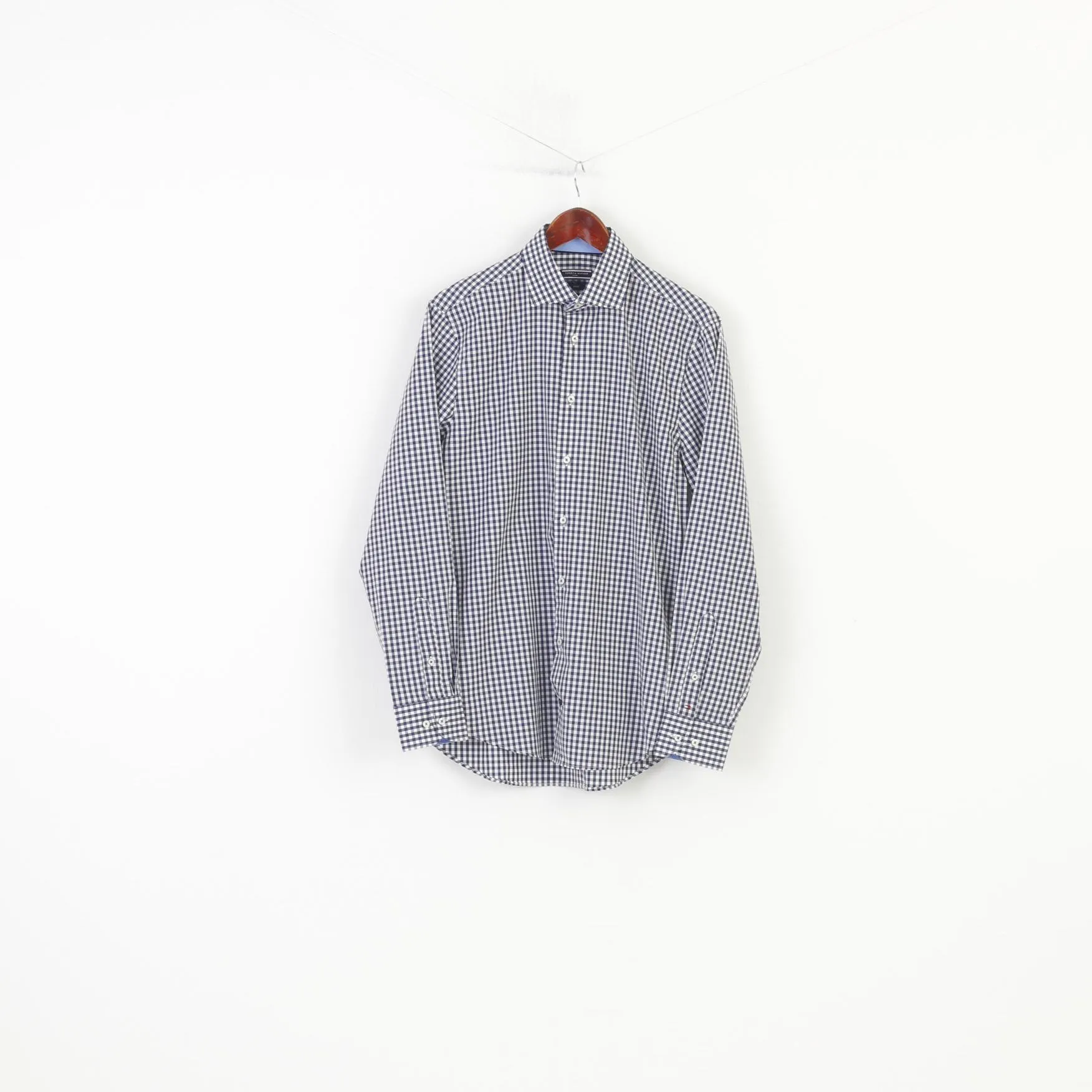 Tommy Hilfiger Men 39 15.5 Casual Shirt Checkered Navy Cotton Long Sleeve Classic Top