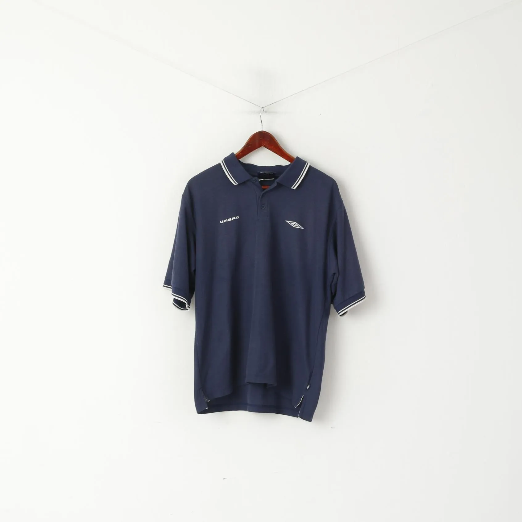 Umbro Men XL Polo Shirt Navy Cotton Blend SHort Sleeve Vintage 90s Top