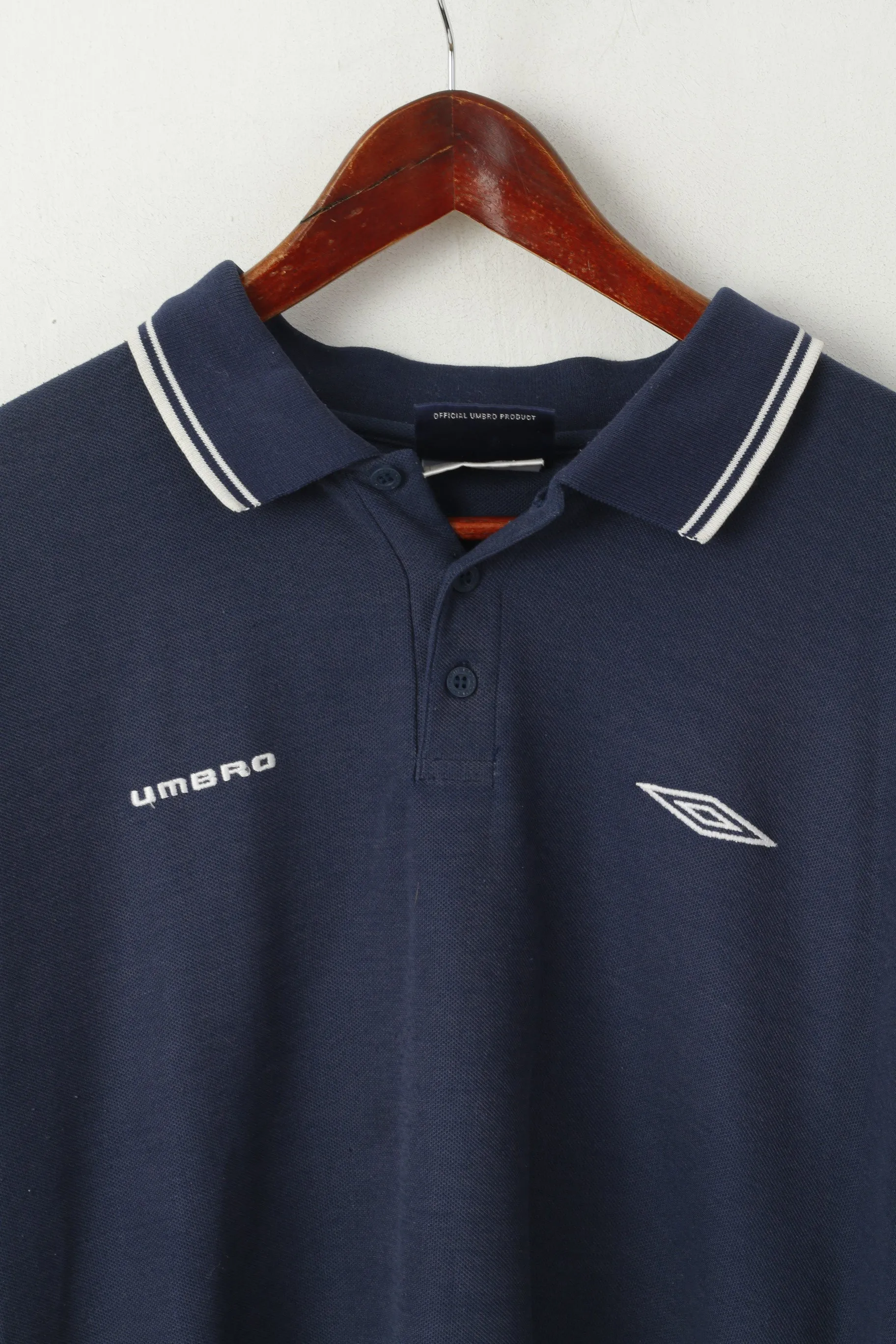 Umbro Men XL Polo Shirt Navy Cotton Blend SHort Sleeve Vintage 90s Top