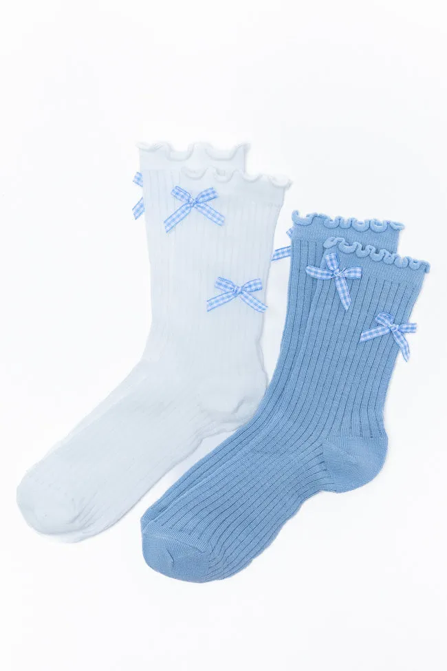 White and Blue Gingham Bow Sock Set