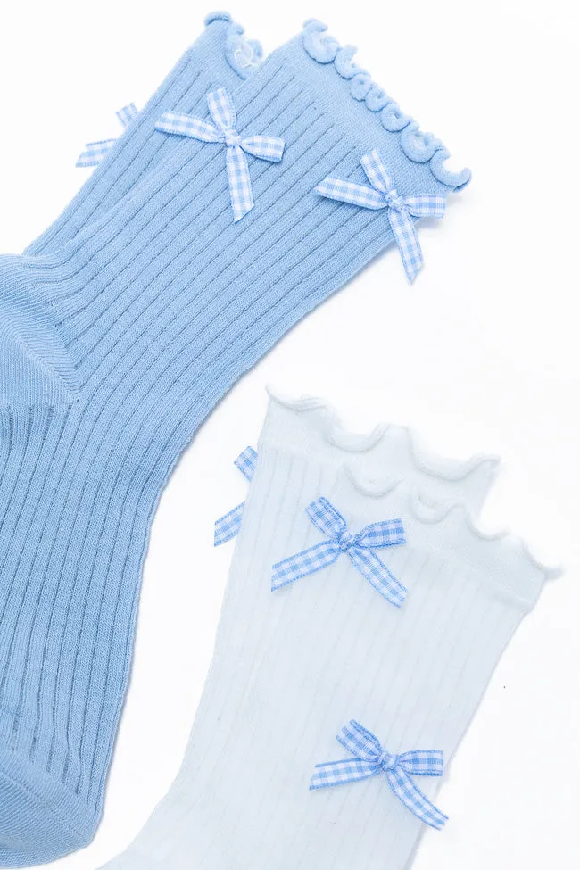 White and Blue Gingham Bow Sock Set