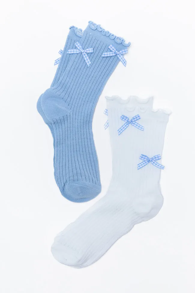 White and Blue Gingham Bow Sock Set