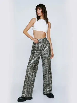 Women's Faux Leather Crocodile Printed Trousers,Grey