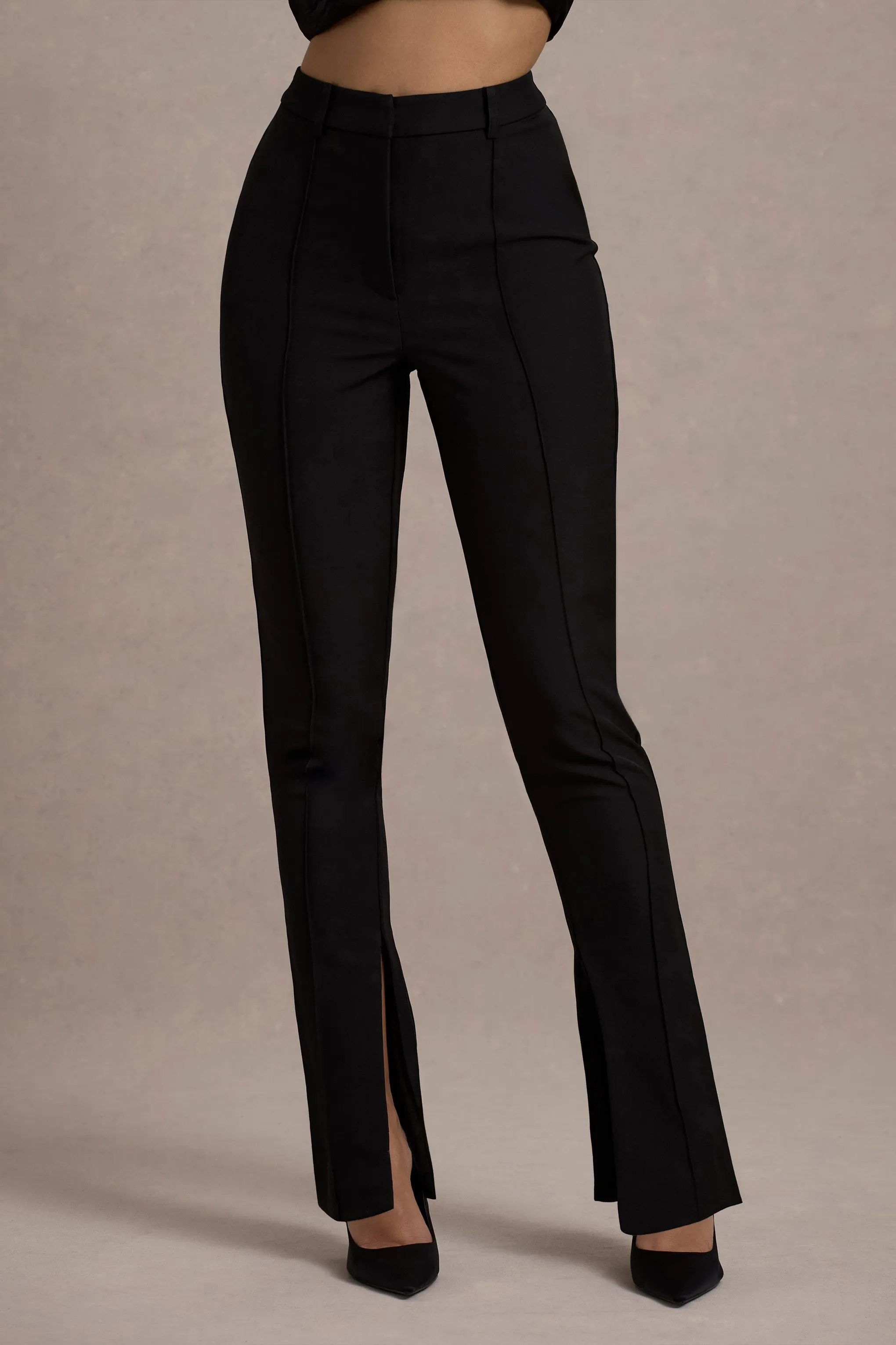 Wonder Woman | Black High Waist Straight Leg Trousers With Hem Split Club L London