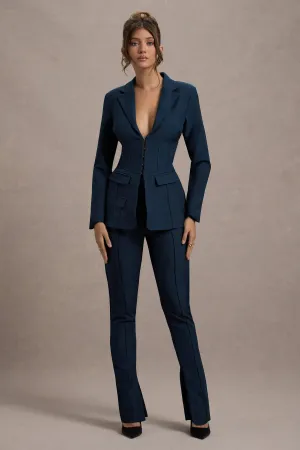 Wonder Woman | Navy High Waist Straight Leg Trousers With Hem Split Club L London