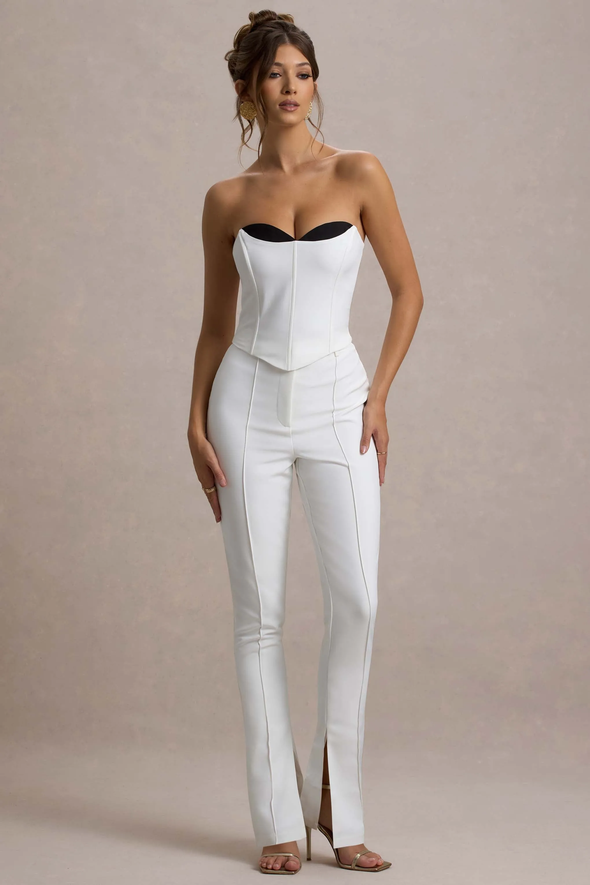 Wonder Woman | White High Waist Straight Leg Trousers With Hem Split Club L London