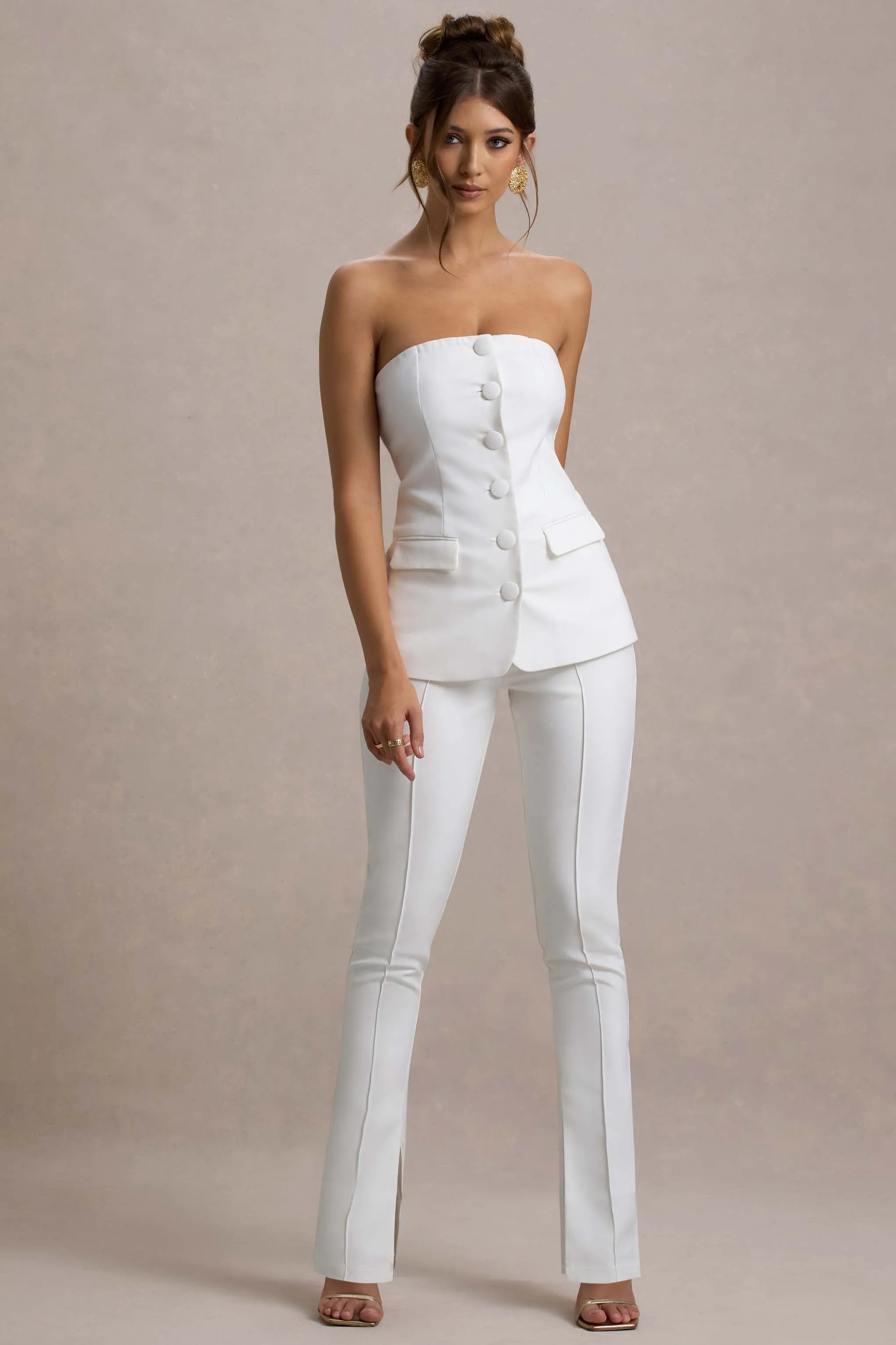 Wonder Woman | White High Waist Straight Leg Trousers With Hem Split Club L London